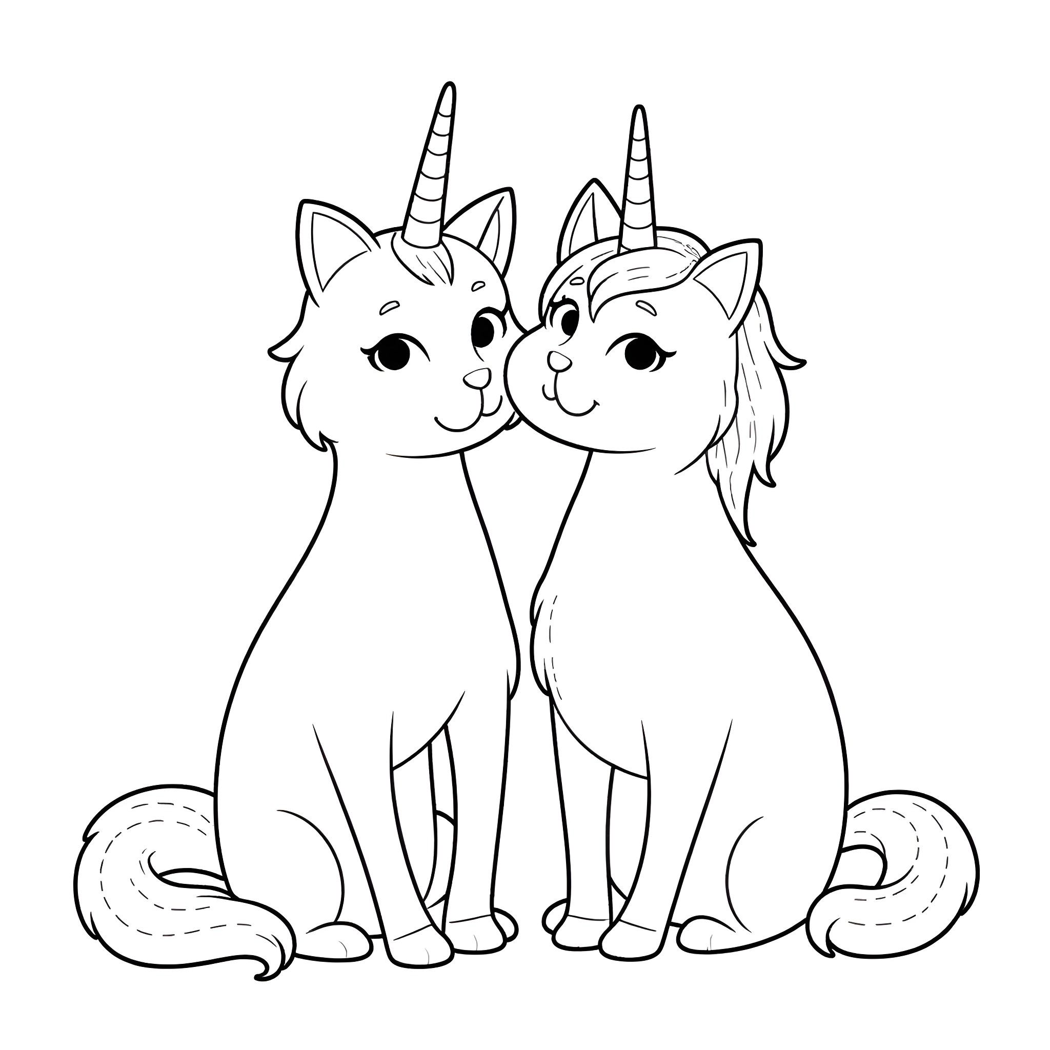 Unicorn Cats in Playful Poses Coloring Page (free black-and-white line drawing printable PDF for all, from beginners to advanced learners, including children, teens, adults, and seniors)