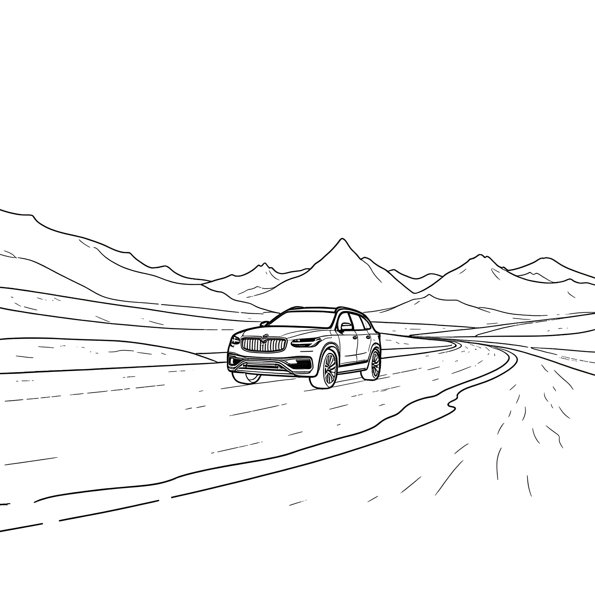 Polestar vehicle driving through scenic mountain landscape Coloring Page (free black-and-white line drawing printable PDF for all, from beginners to advanced learners, including children, teens, adults, and seniors)