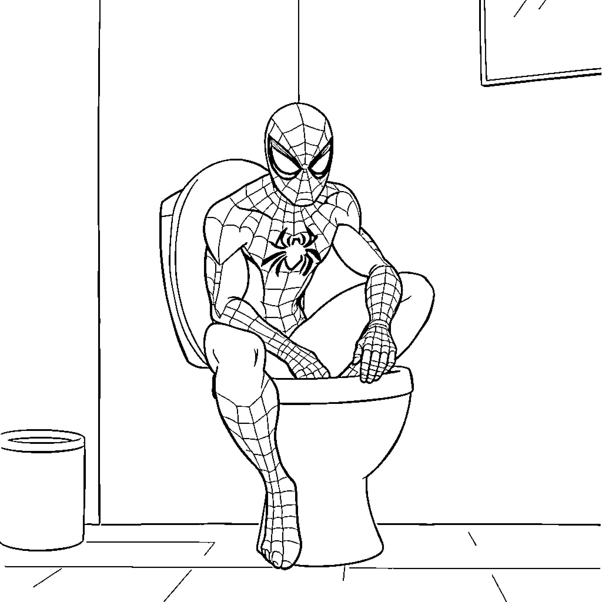 Spiderman sitting pensively on a toilet Coloring Page (free black-and-white line drawing printable PDF for all, from beginners to advanced learners, including children, teens, adults, and seniors)