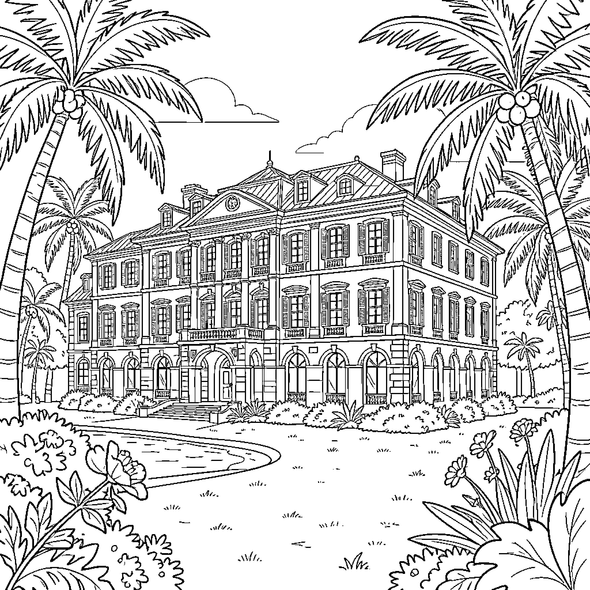 Grand Canyon style mansion surrounded by tropical palm trees Coloring Page (free black-and-white line drawing printable PDF for all, from beginners to advanced learners, including children, teens, adults, and seniors)