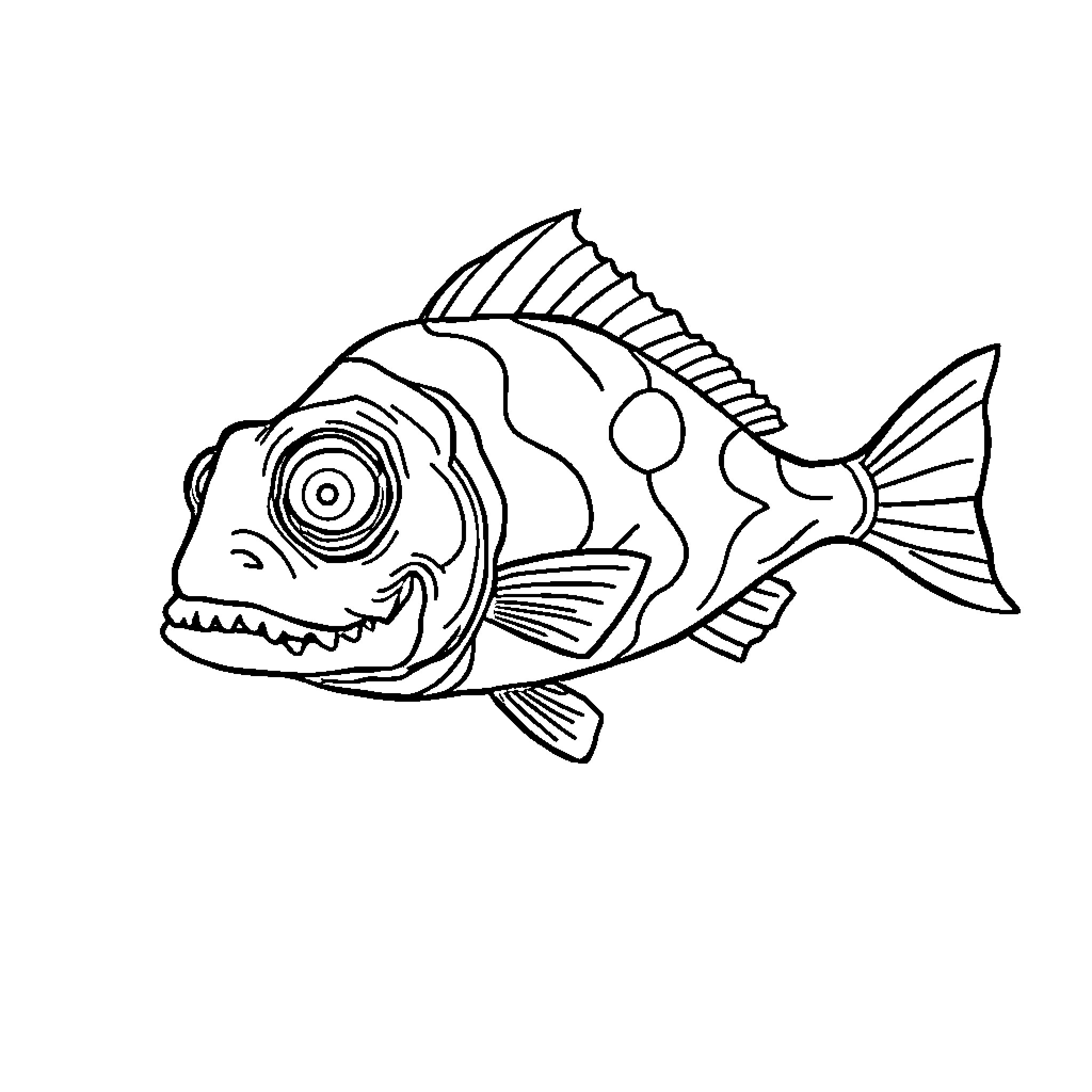Fish with sharp teeth and spikes Coloring Page (free black-and-white line drawing printable PDF for all, from beginners to advanced learners, including children, teens, adults, and seniors)