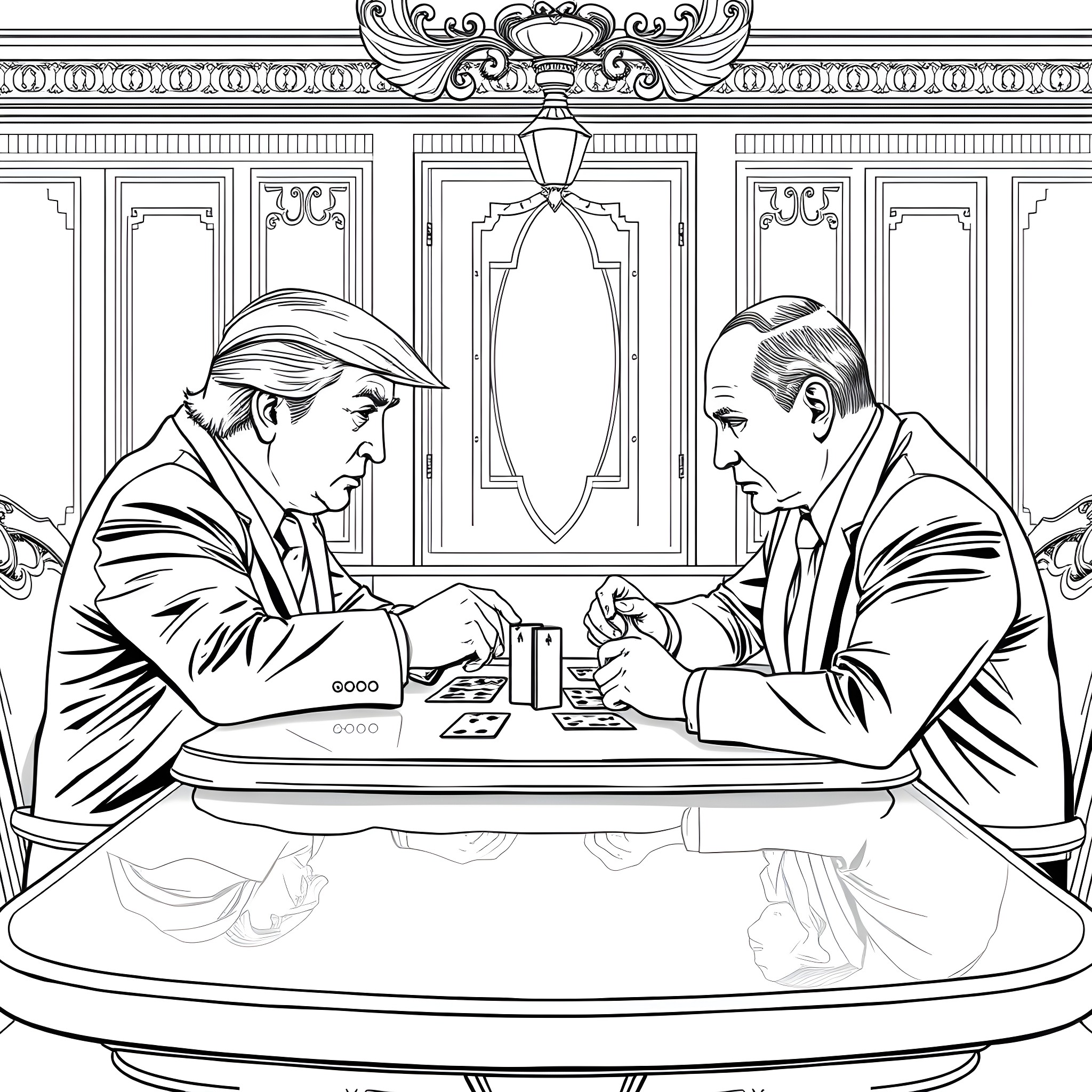 Trump and Companion in Formal Meeting Coloring Page (free black-and-white line drawing printable PDF for all, from beginners to advanced learners, including children, teens, adults, and seniors)