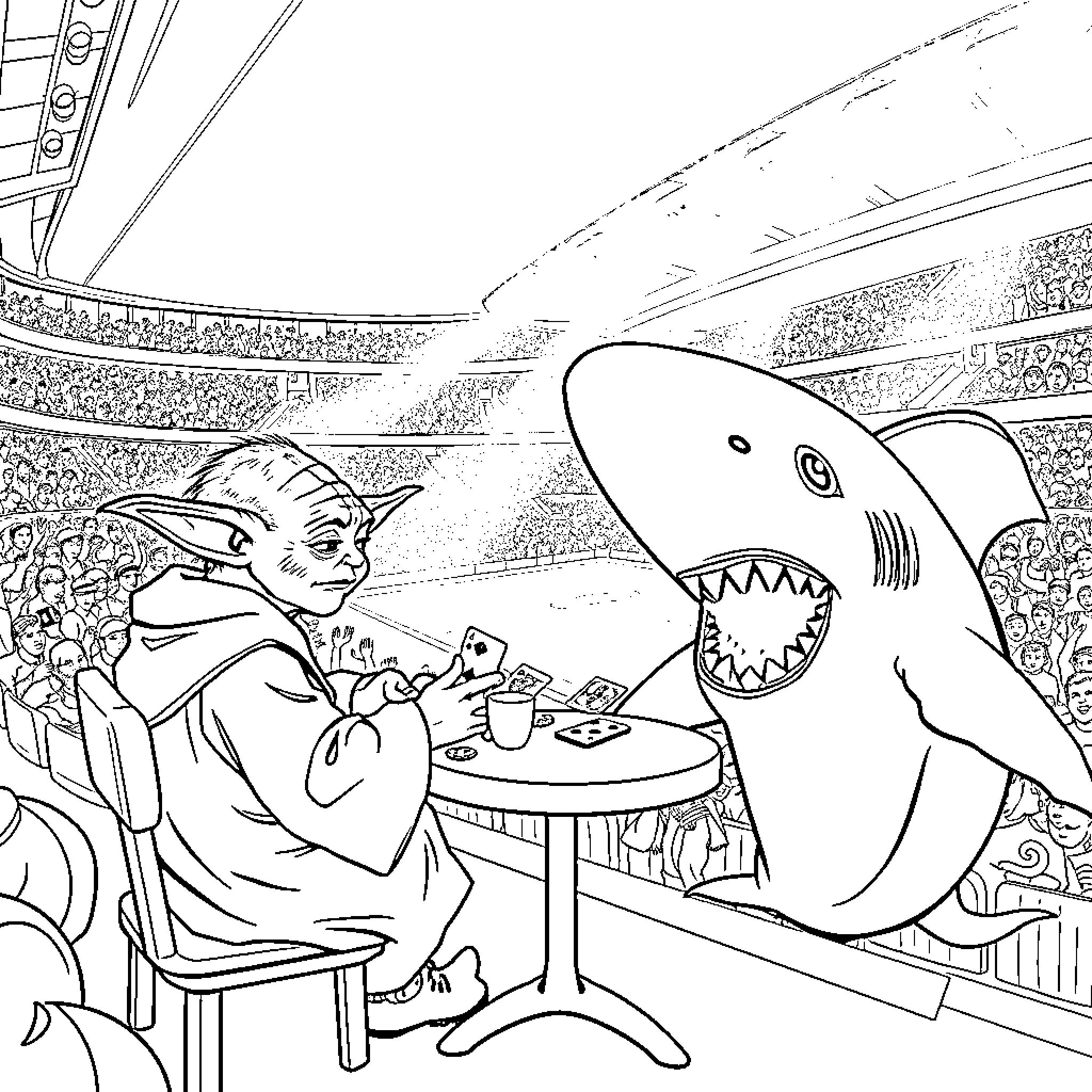 Yoda enjoying a meal with a friendly shark Coloring Page (free black-and-white line drawing printable PDF for all, from beginners to advanced learners, including children, teens, adults, and seniors)