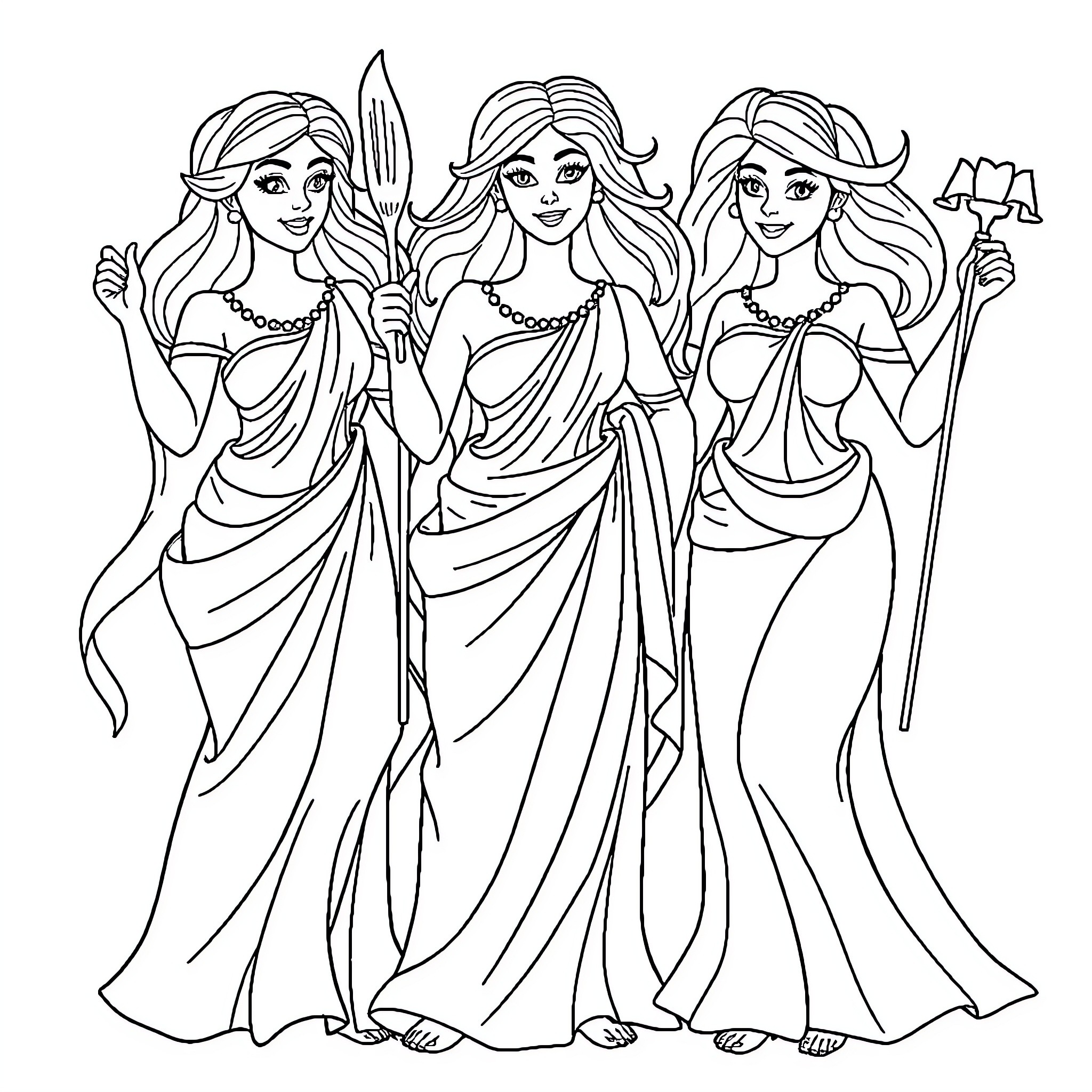 Fate of the Mythical Goddesses Coloring Page (free black-and-white line drawing printable PDF for all, from beginners to advanced learners, including children, teens, adults, and seniors)