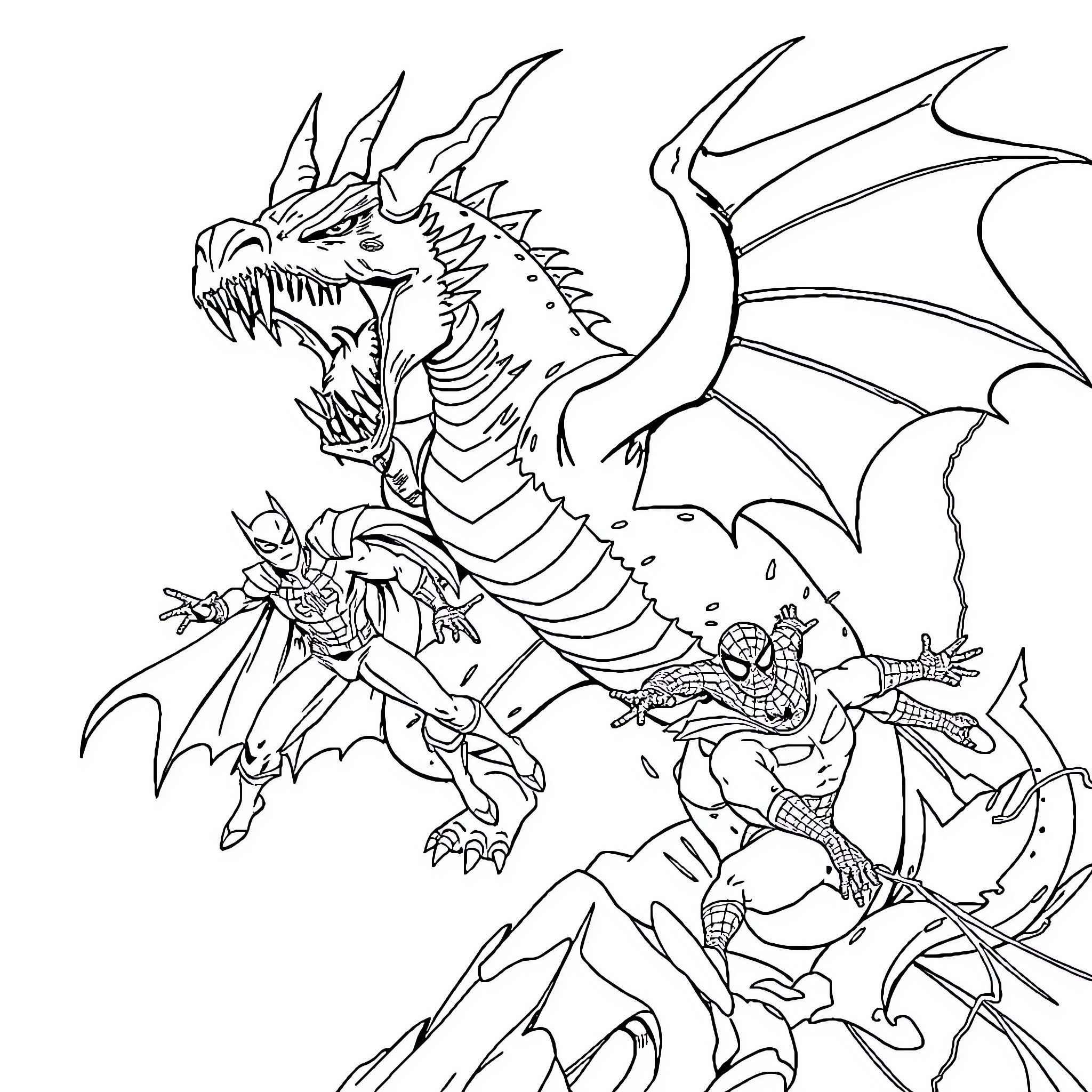 Dragon warrior battling fierce dragon in fantasy realm Coloring Page (free black-and-white line drawing printable PDF for all, from beginners to advanced learners, including children, teens, adults, and seniors)