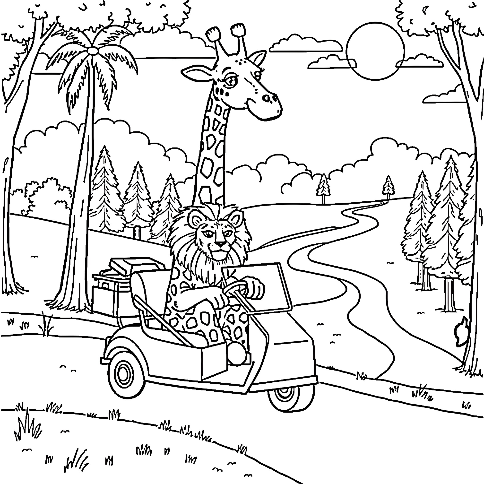 Giraffe and Lion Go on a Safari Adventure Coloring Page (free black-and-white line drawing printable PDF for all, from beginners to advanced learners, including children, teens, adults, and seniors)