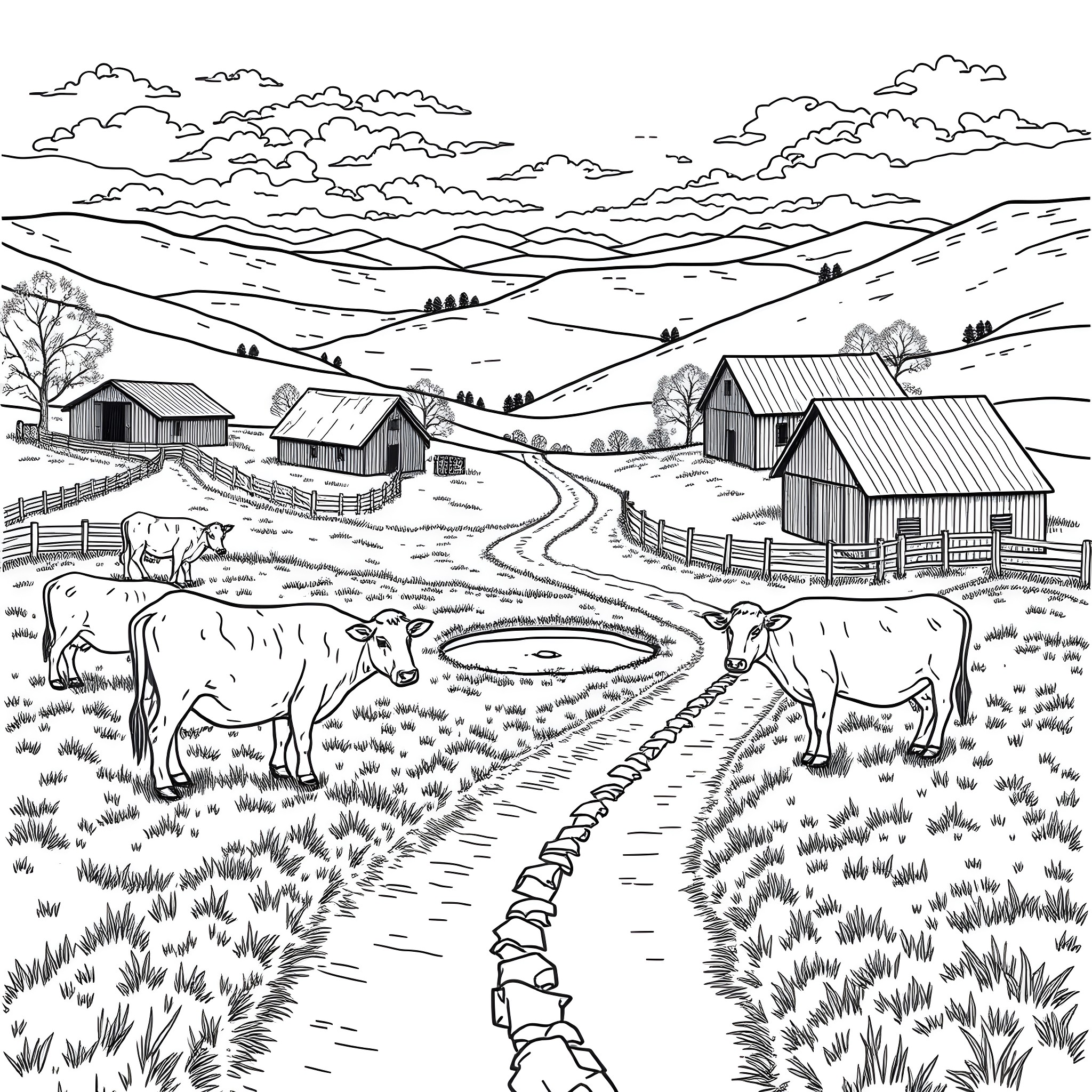 Highland Cows grazing peacefully in a rural landscape Coloring Page (free black-and-white line drawing printable PDF for all, from beginners to advanced learners, including children, teens, adults, and seniors)