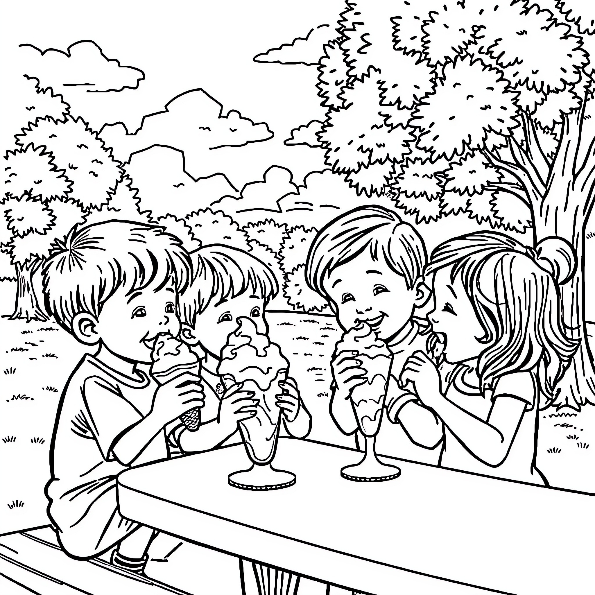 Kid enjoying ice cream with friends in the park Coloring Page (free black-and-white line drawing printable PDF for all, from beginners to advanced learners, including children, teens, adults, and seniors)