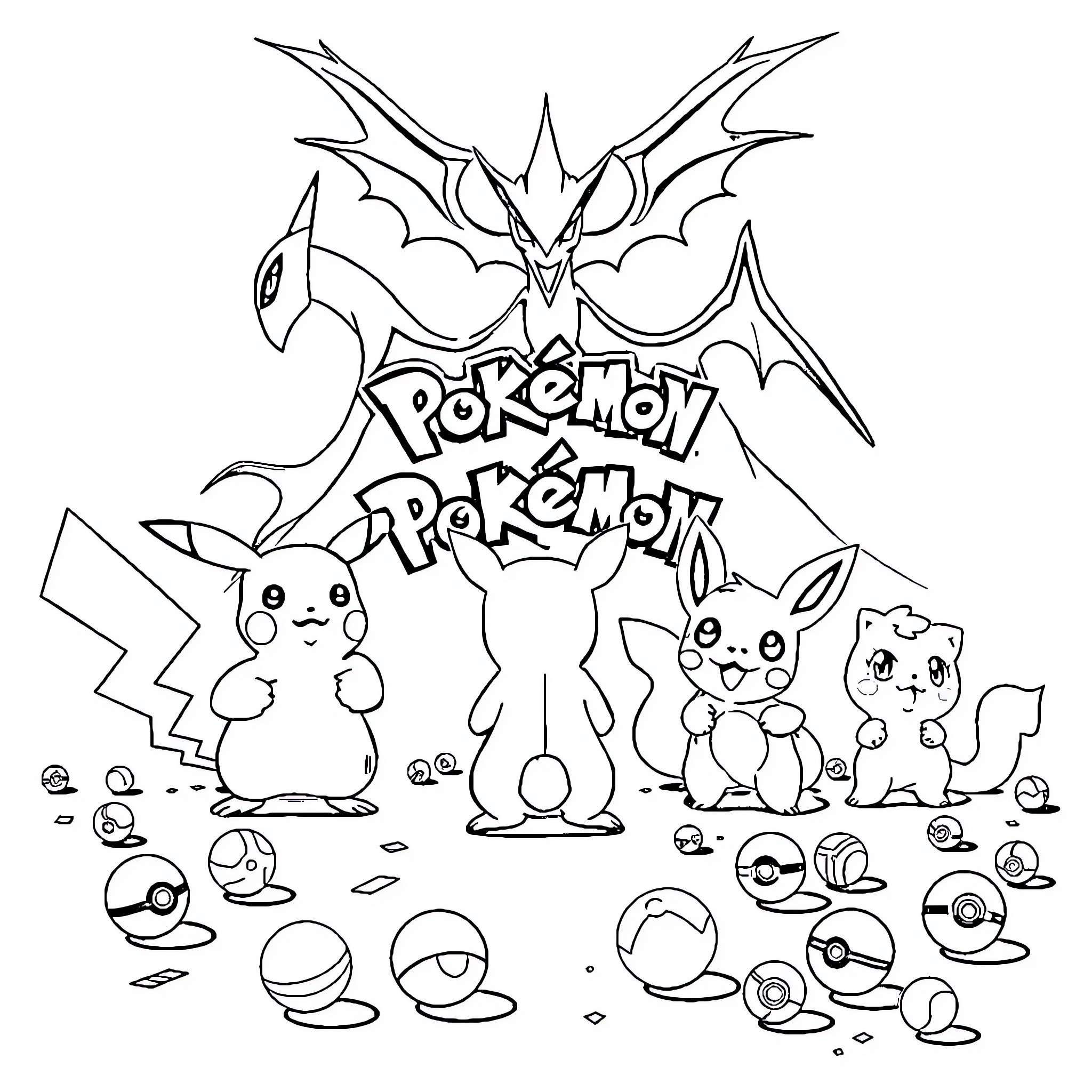 Pikachu and friends surrounded by Pokemon elements Coloring Page (free black-and-white line drawing printable PDF for all, from beginners to advanced learners, including children, teens, adults, and seniors)
