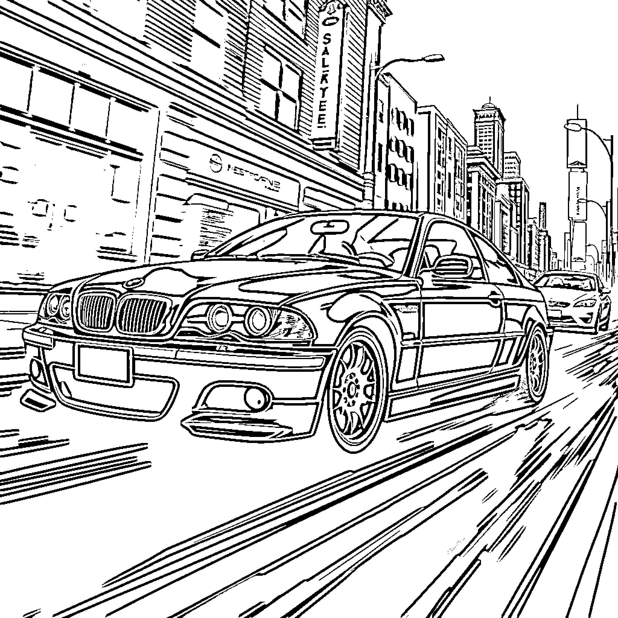 BMW speeding through the city streets Coloring Page (free black-and-white line drawing printable PDF for all, from beginners to advanced learners, including children, teens, adults, and seniors)