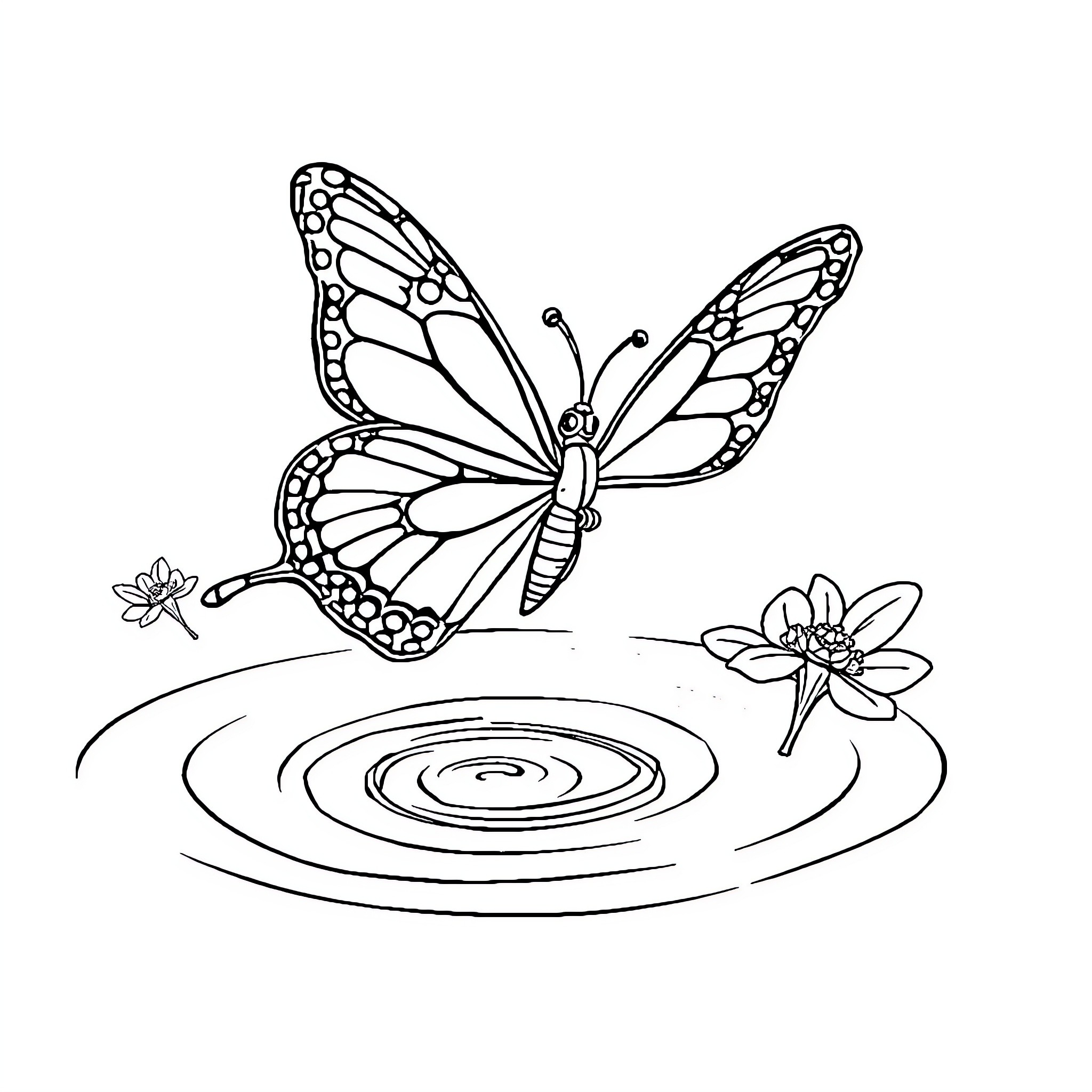 Butterfly dancing gracefully on the water Coloring Page (free black-and-white line drawing printable PDF for all, from beginners to advanced learners, including children, teens, adults, and seniors)