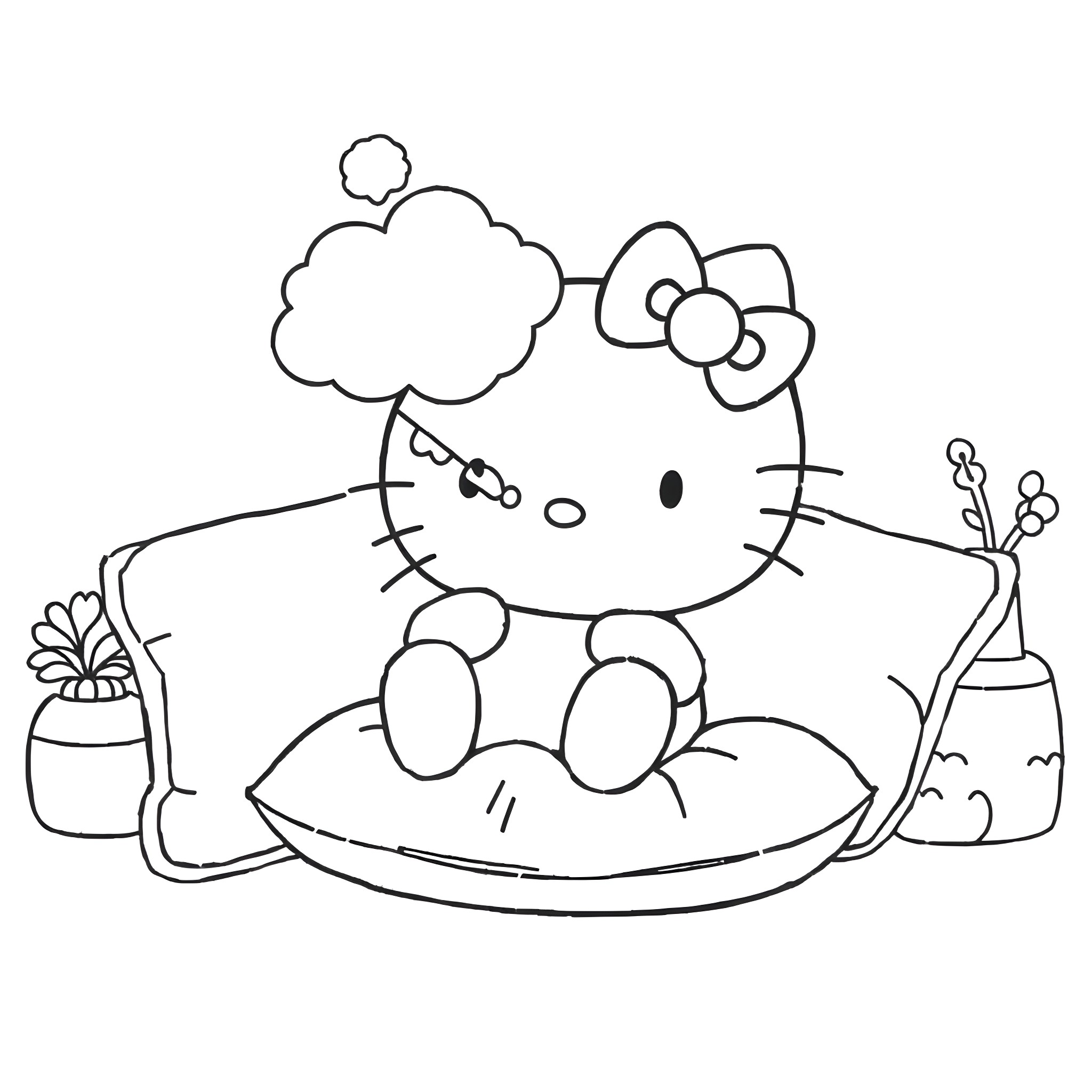 Hello Kitty sitting on a cushion with vase Coloring Page (free black-and-white line drawing printable PDF for all, from beginners to advanced learners, including children, teens, adults, and seniors)