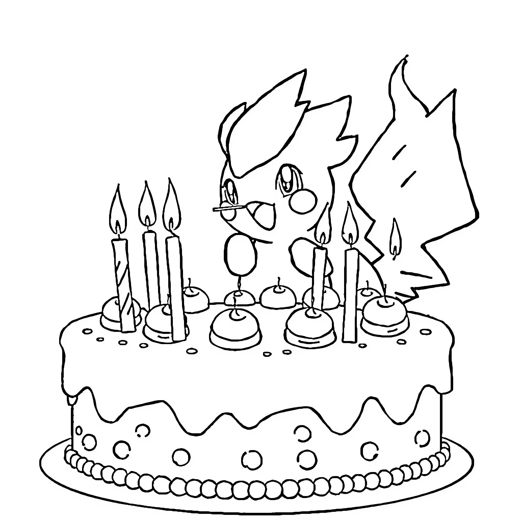 Salamèche's Celebratory Cake with Candles Coloring Page (free black-and-white line drawing printable PDF for all, from beginners to advanced learners, including children, teens, adults, and seniors)
