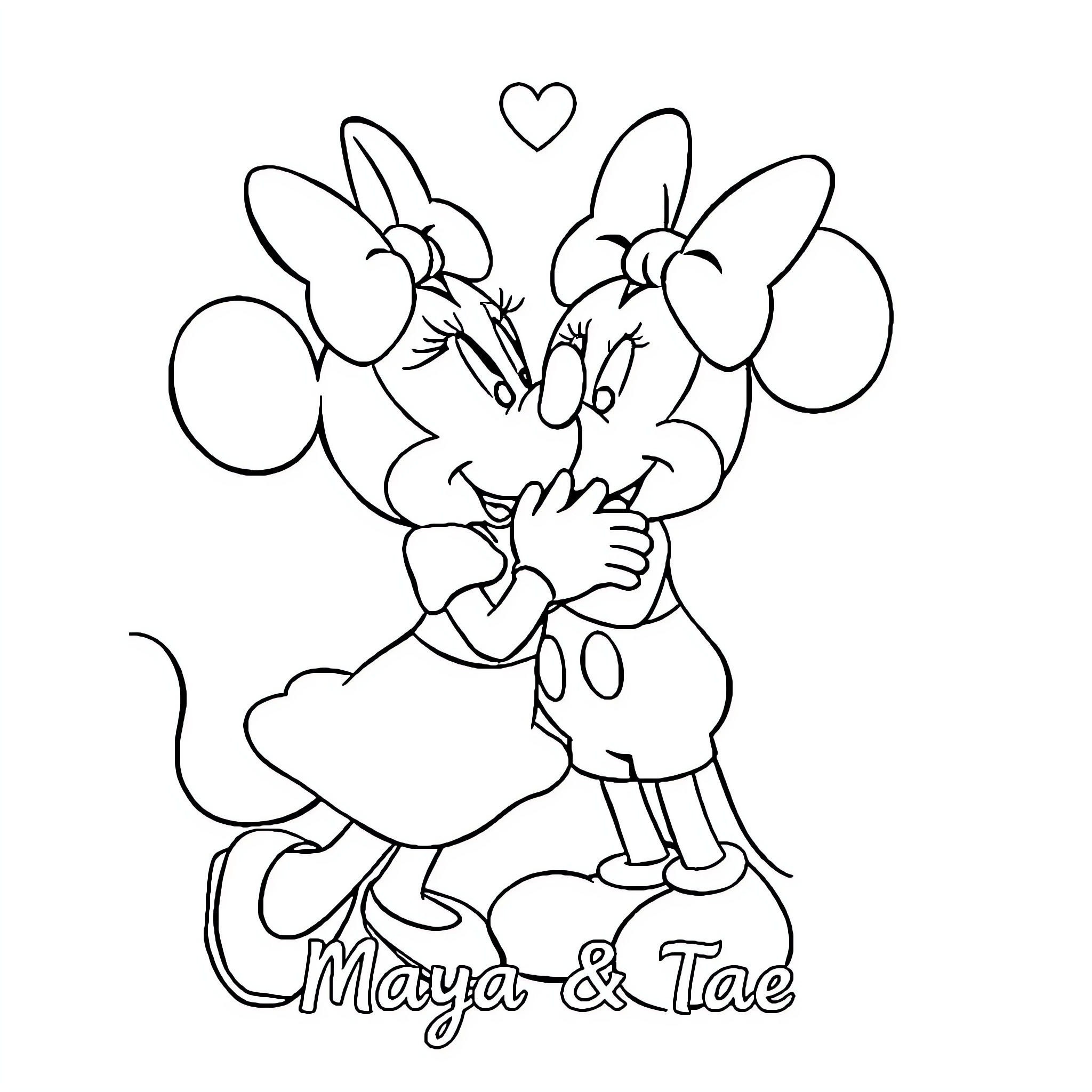 Minnie Mouse in loving embrace with Tae Coloring Page (free black-and-white line drawing printable PDF for all, from beginners to advanced learners, including children, teens, adults, and seniors)