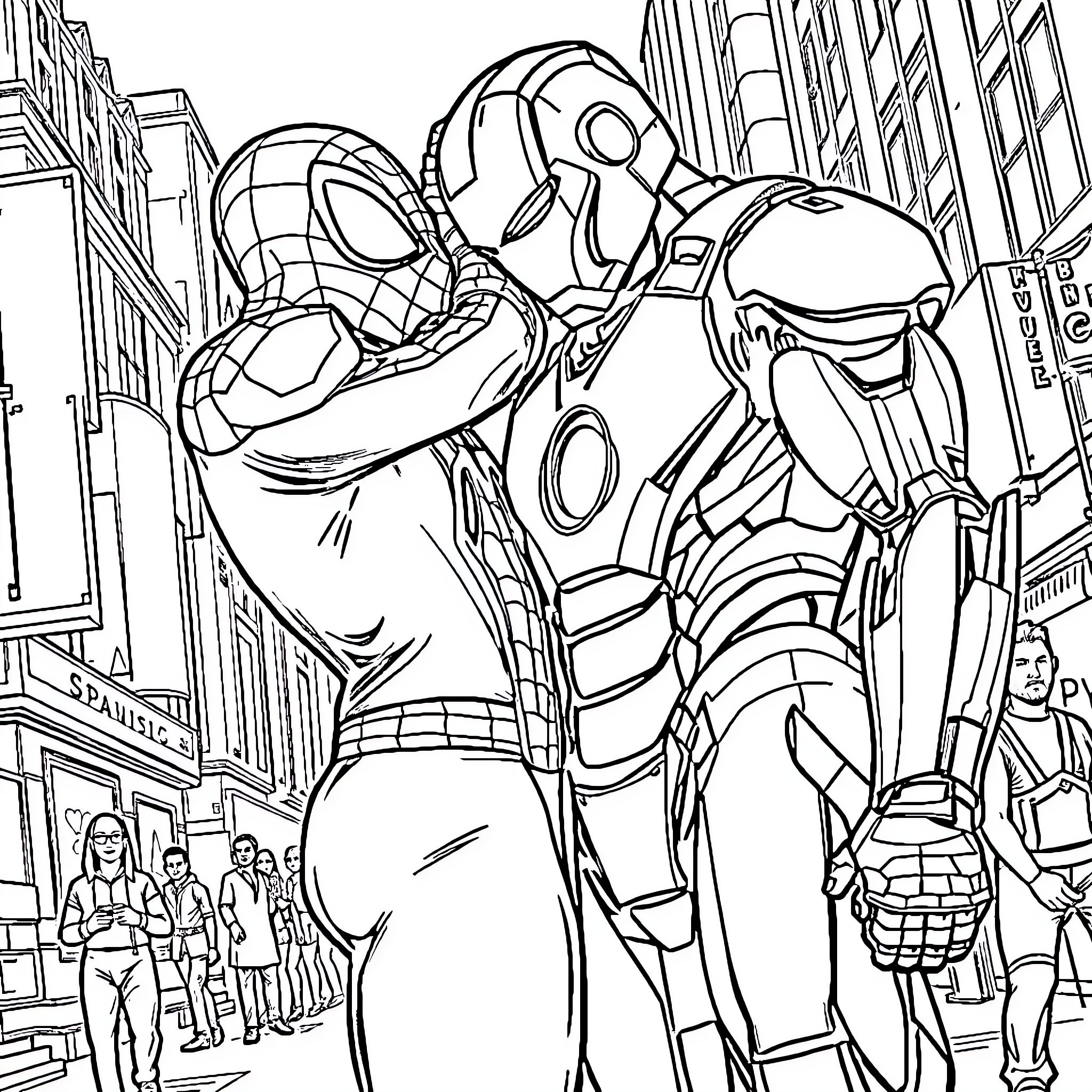 Spider-Man and Iron Man team up in the city Coloring Page (free black-and-white line drawing printable PDF for all, from beginners to advanced learners, including children, teens, adults, and seniors)