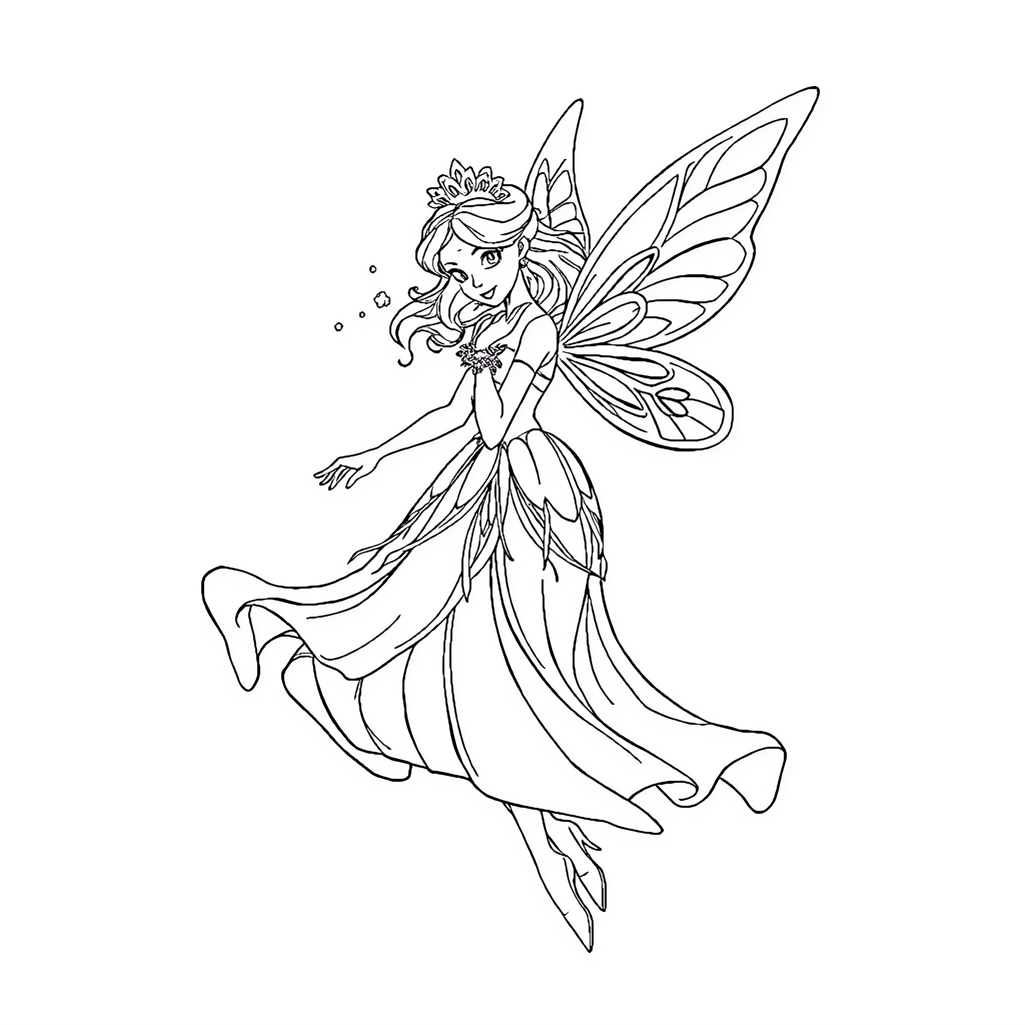 Fairy princess with elegant wings and dress Coloring Page (free black-and-white line drawing printable PDF for all, from beginners to advanced learners, including children, teens, adults, and seniors)