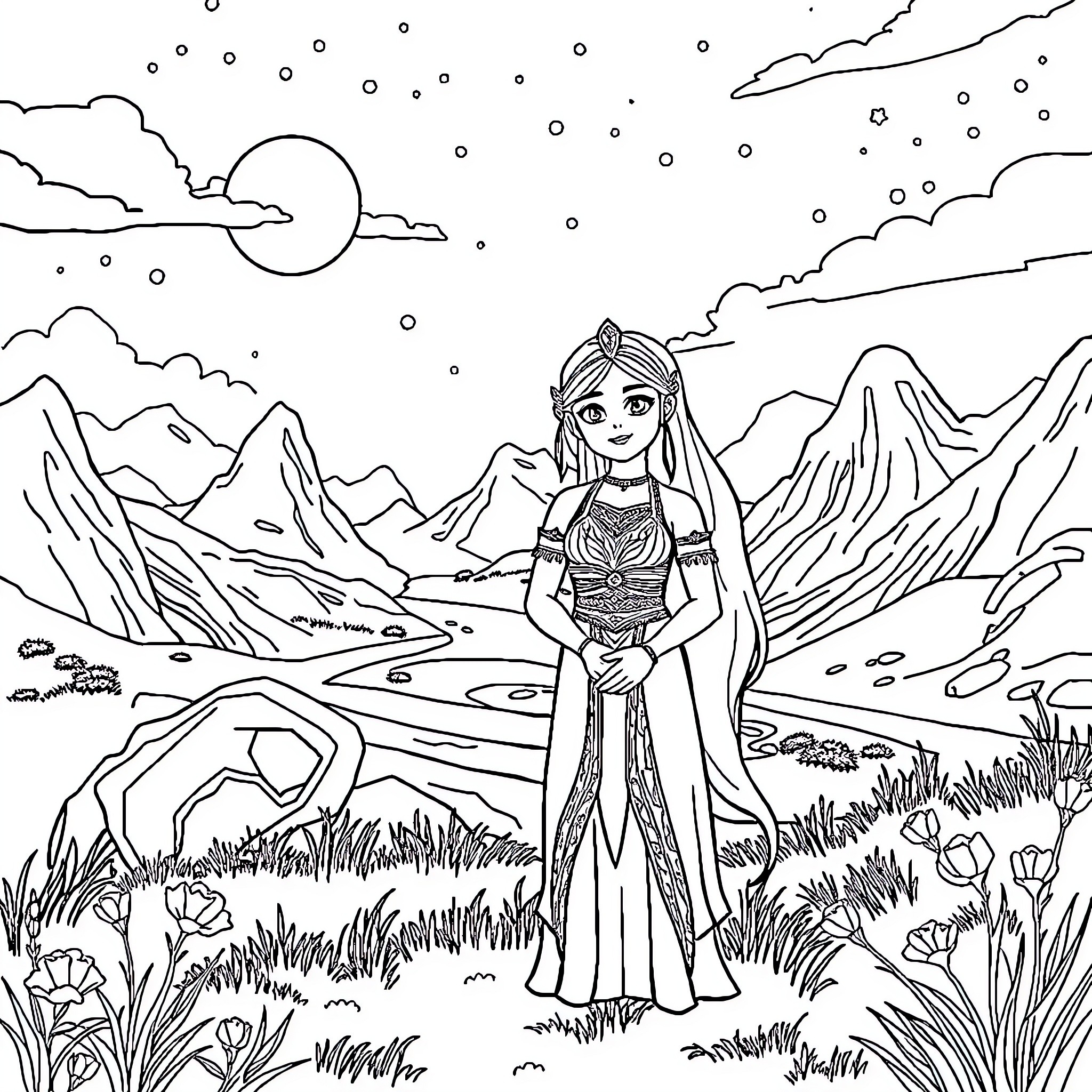 Only a magical princess in the ethereal landscape Coloring Page (free black-and-white line drawing printable PDF for all, from beginners to advanced learners, including children, teens, adults, and seniors)
