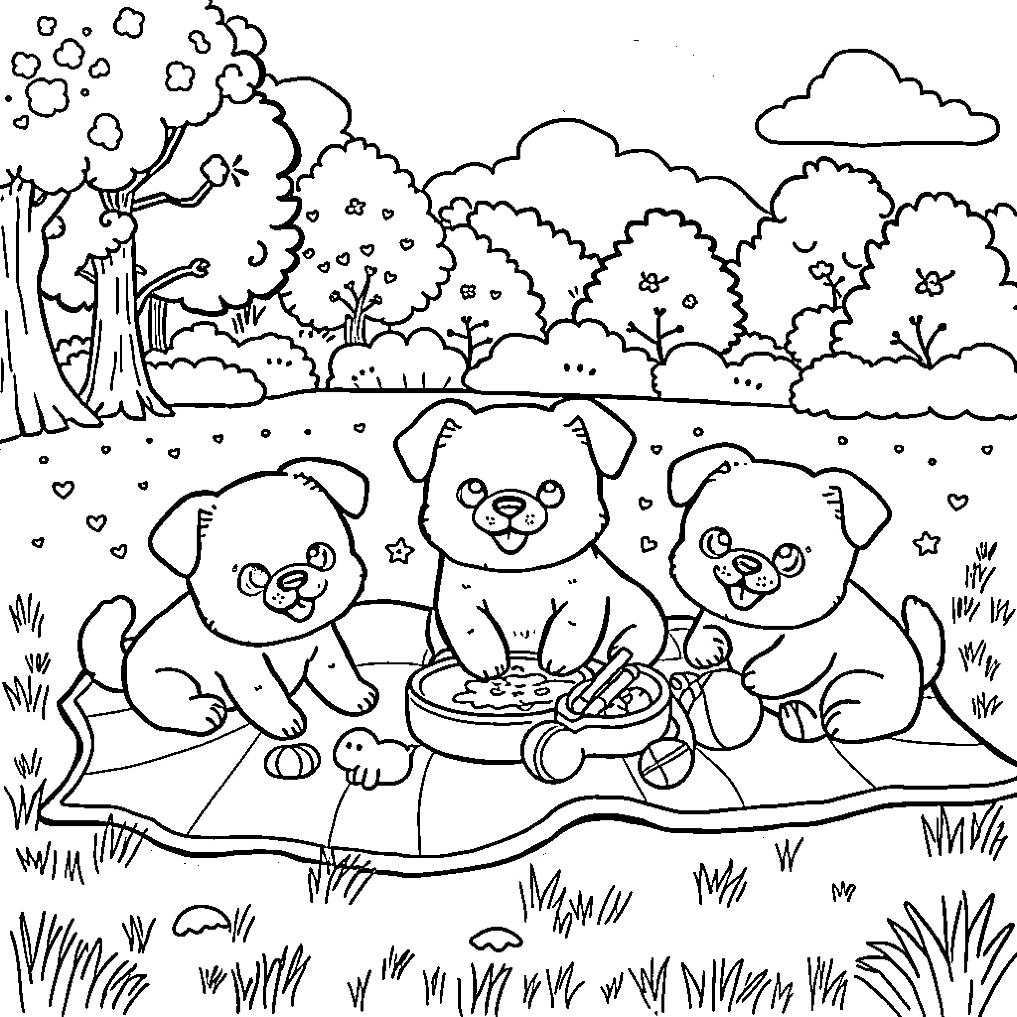 Dog picnic in the park with friends Coloring Page (free black-and-white line drawing printable PDF for all, from beginners to advanced learners, including children, teens, adults, and seniors)
