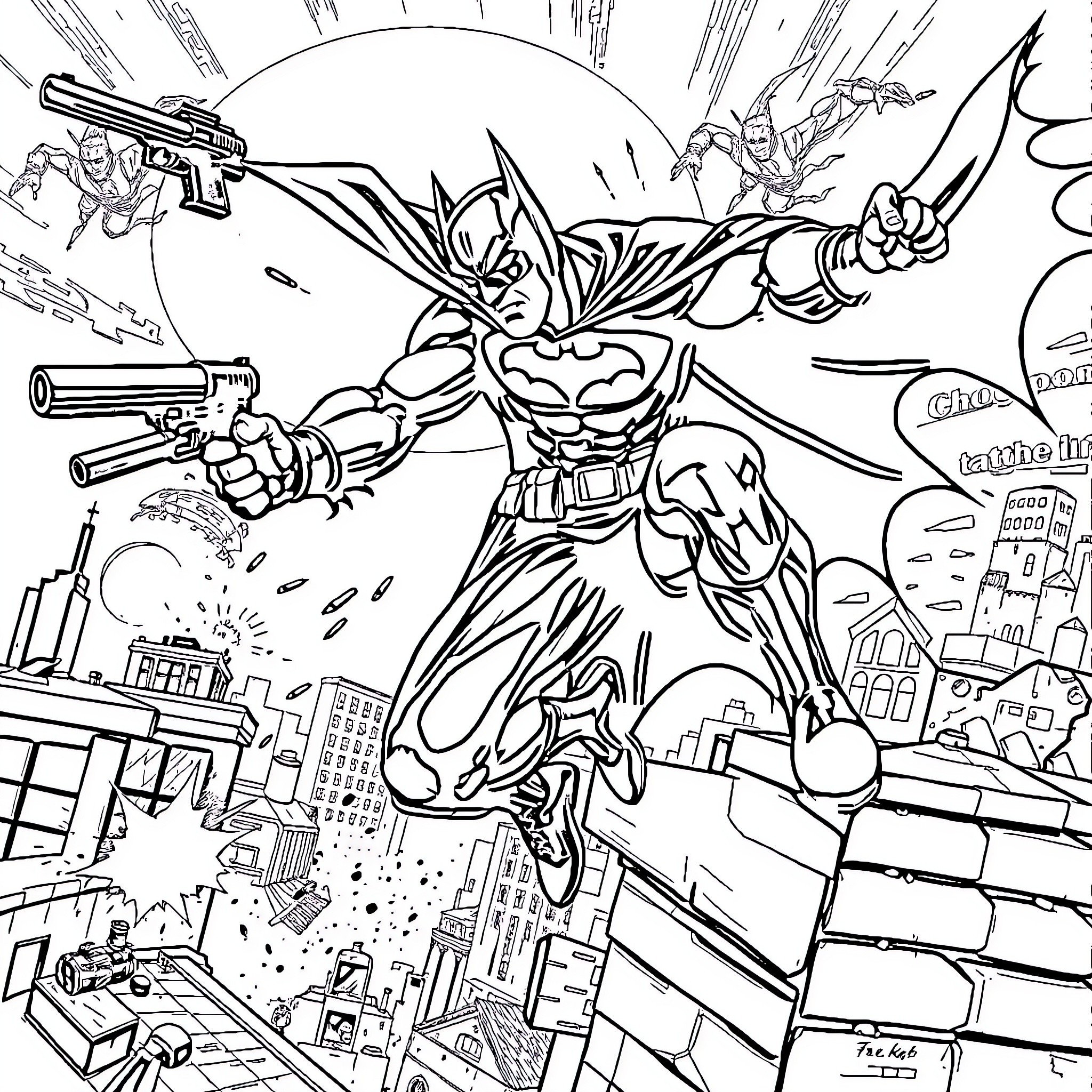 Batman in Intense Action Heroics Over City Skyline Coloring Page (free black-and-white line drawing printable PDF for all, from beginners to advanced learners, including children, teens, adults, and seniors)