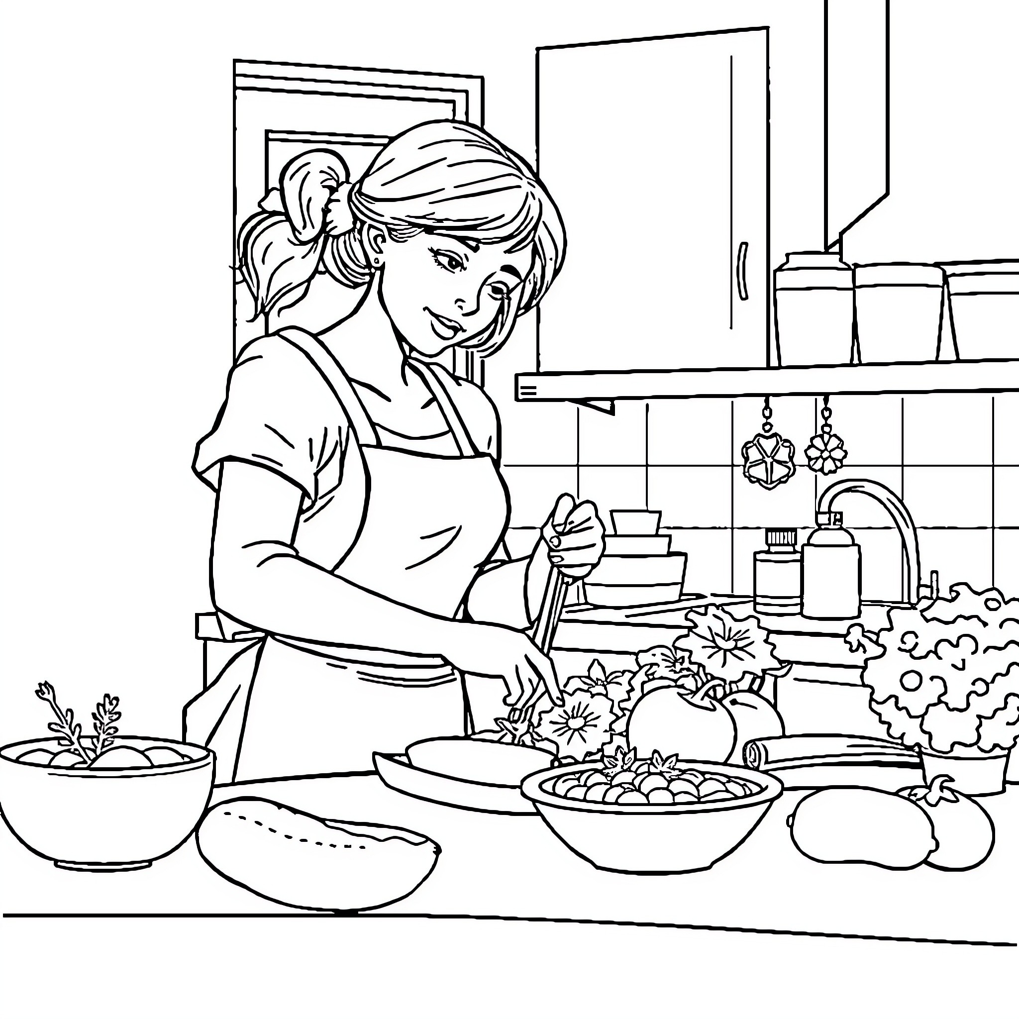 Mother cooking a meal in the kitchen Coloring Page (free black-and-white line drawing printable PDF for all, from beginners to advanced learners, including children, teens, adults, and seniors)