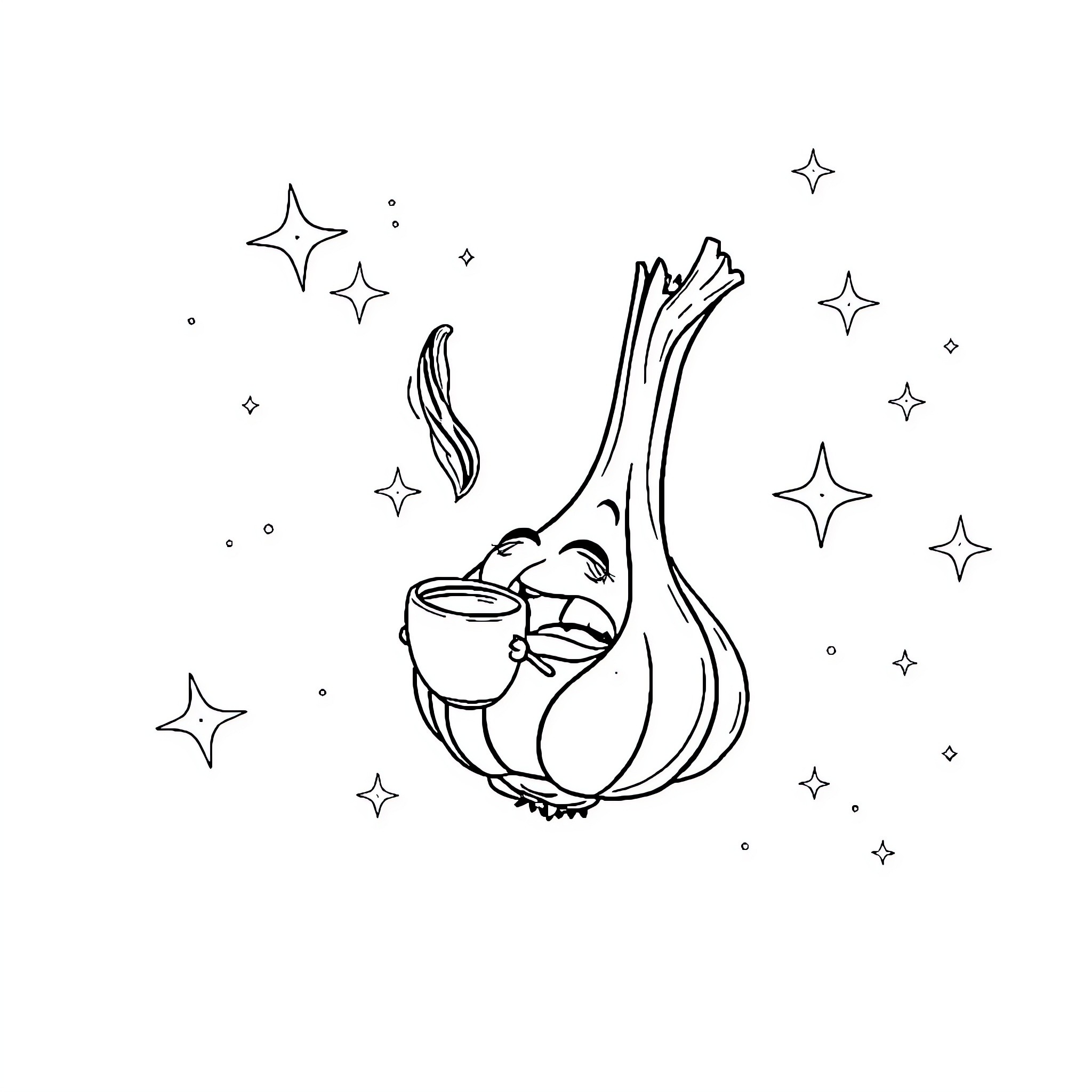 Garlic gleaming with cosmic wonder Coloring Page (free black-and-white line drawing printable PDF for all, from beginners to advanced learners, including children, teens, adults, and seniors)