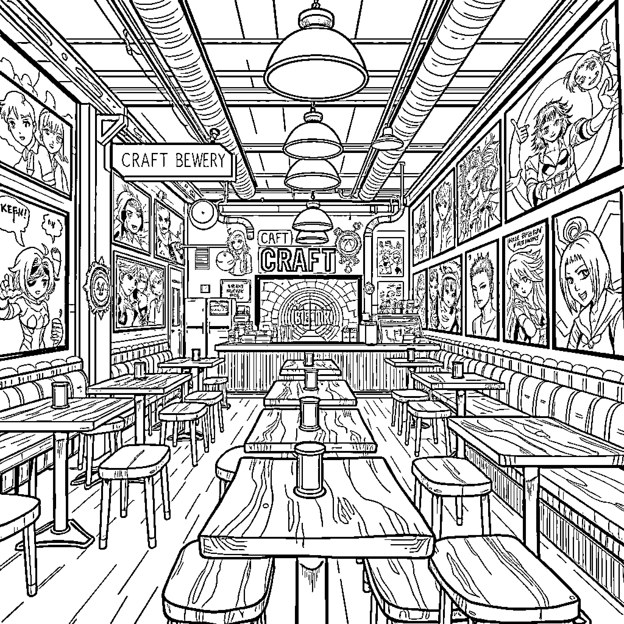 Brewery with lively decor and craft-themed atmosphere Coloring Page (free black-and-white line drawing printable PDF for all, from beginners to advanced learners, including children, teens, adults, and seniors)