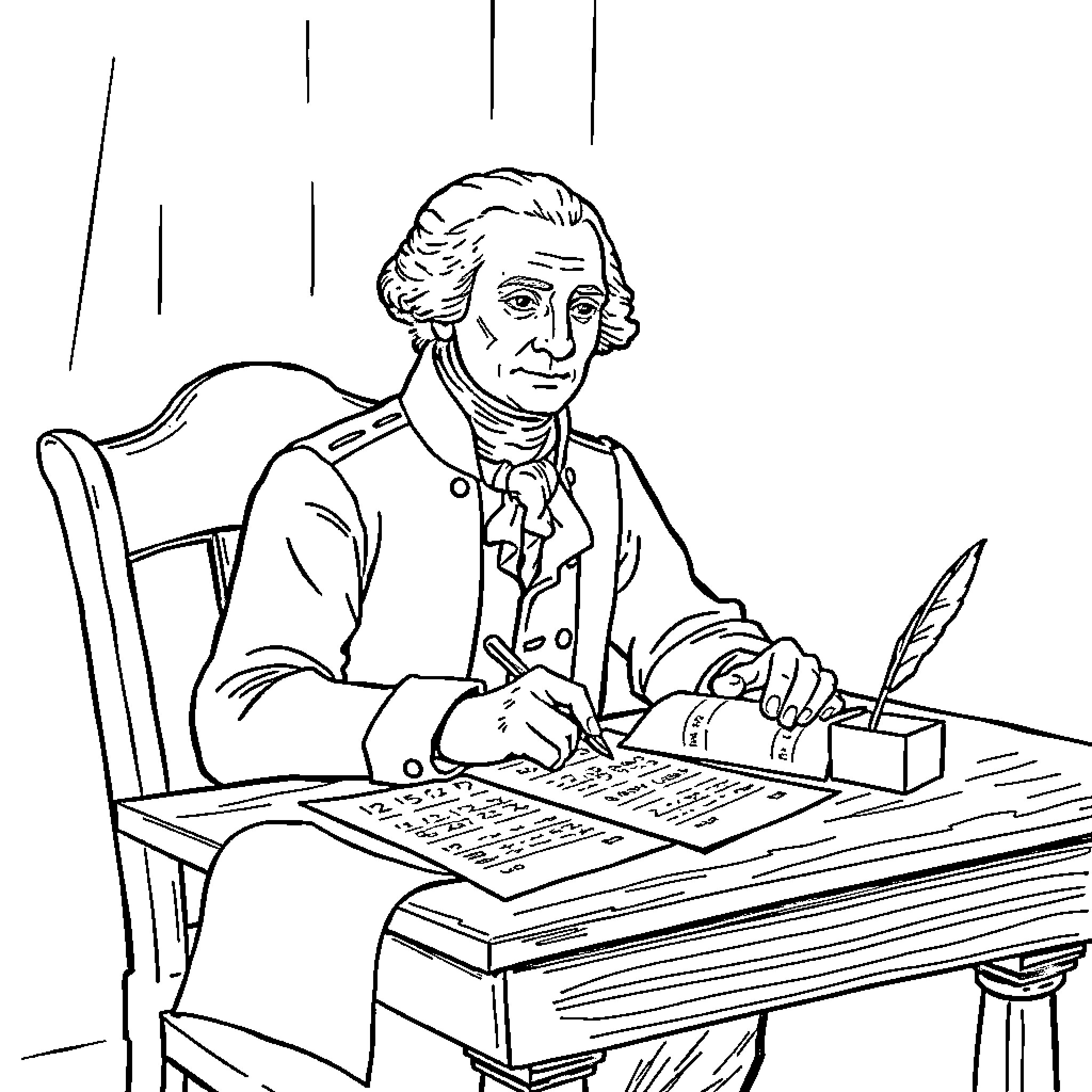 George Washington writing at his desk Coloring Page (free black-and-white line drawing printable PDF for all, from beginners to advanced learners, including children, teens, adults, and seniors)