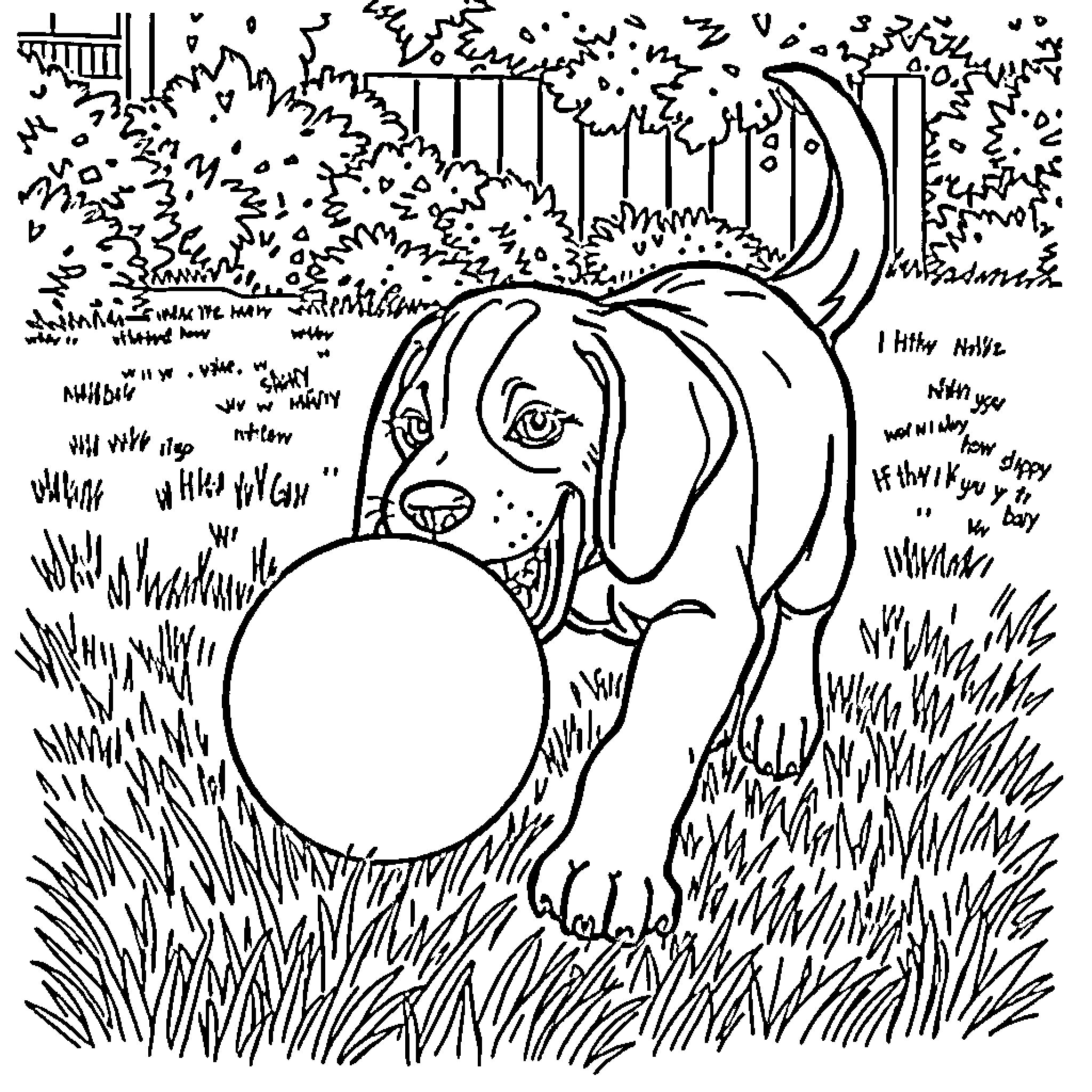 Beagle playing in the backyard Coloring Page (free black-and-white line drawing printable PDF for all, from beginners to advanced learners, including children, teens, adults, and seniors)