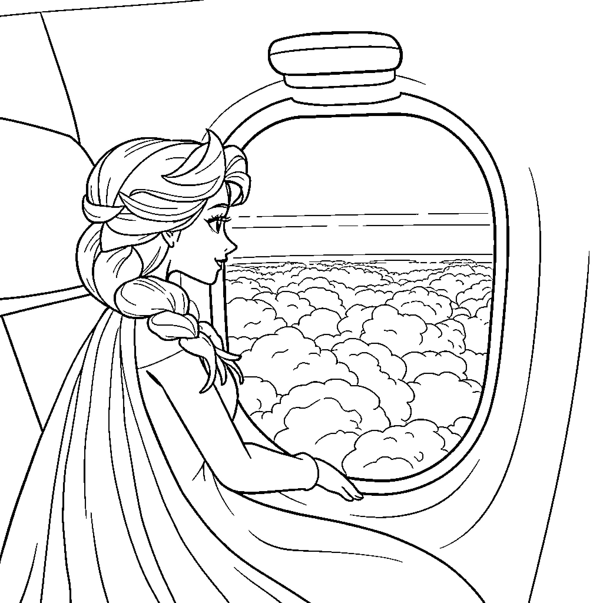 Elsa gazing out the window at the clouds Coloring Page (free black-and-white line drawing printable PDF for all, from beginners to advanced learners, including children, teens, adults, and seniors)