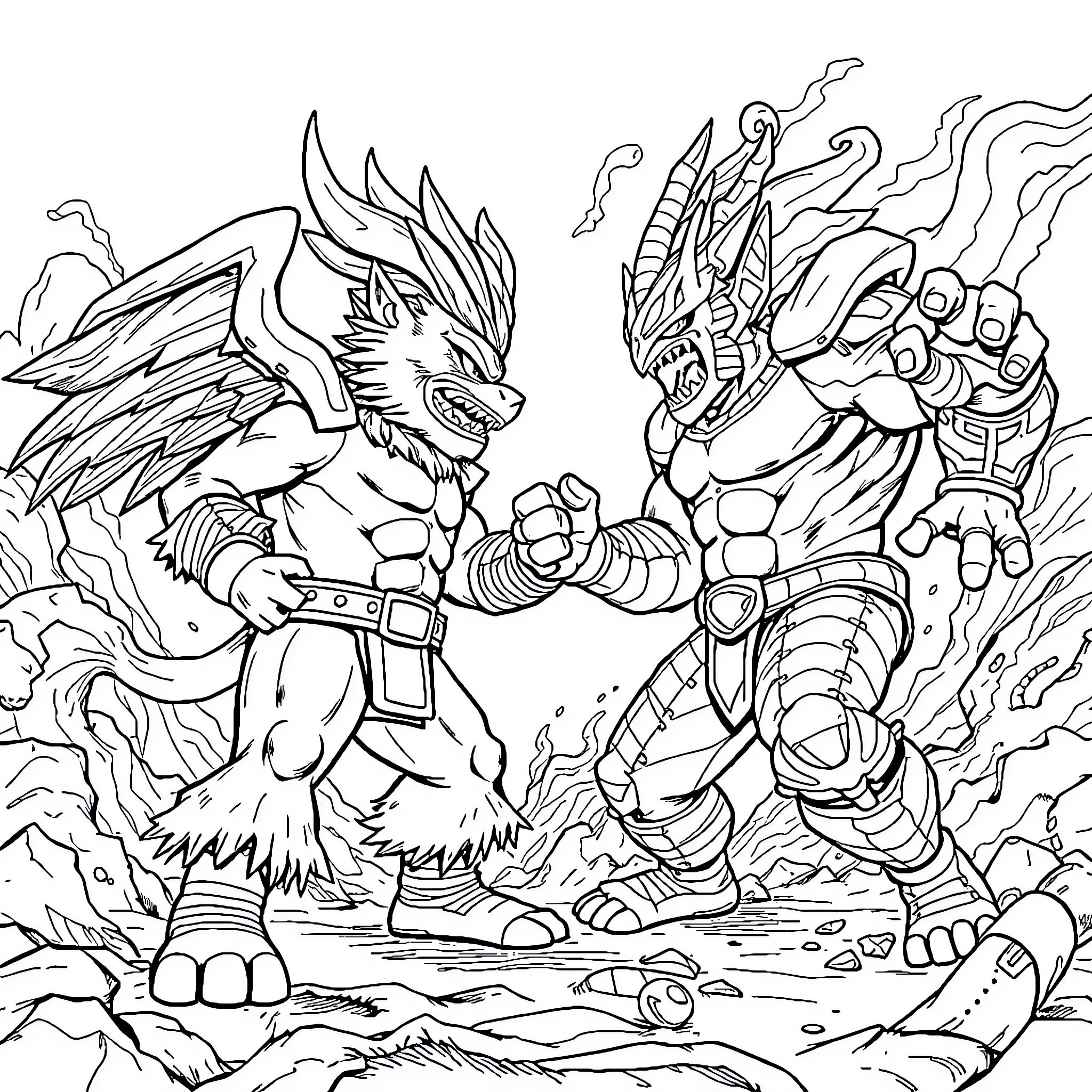 Tuntung: Fierce Warrior Beasts in Mythical Battle Coloring Page (free black-and-white line drawing printable PDF for all, from beginners to advanced learners, including children, teens, adults, and seniors)