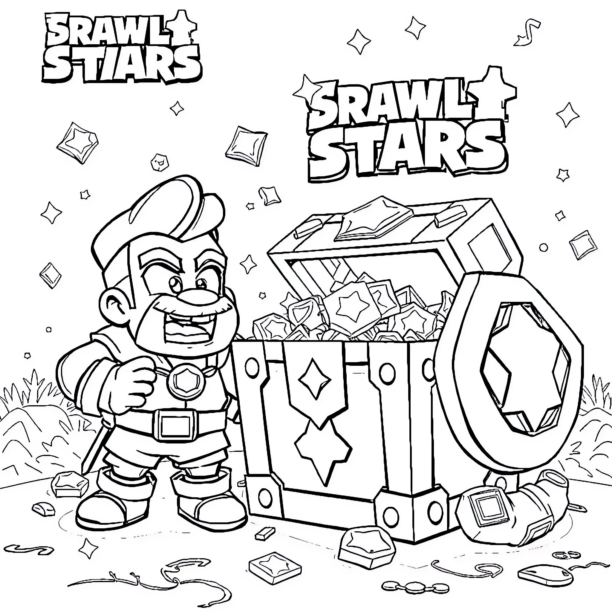 Darryl opens the treasure chest filled with Brawl Stars gems Coloring Page (free black-and-white line drawing printable PDF for all, from beginners to advanced learners, including children, teens, adults, and seniors)