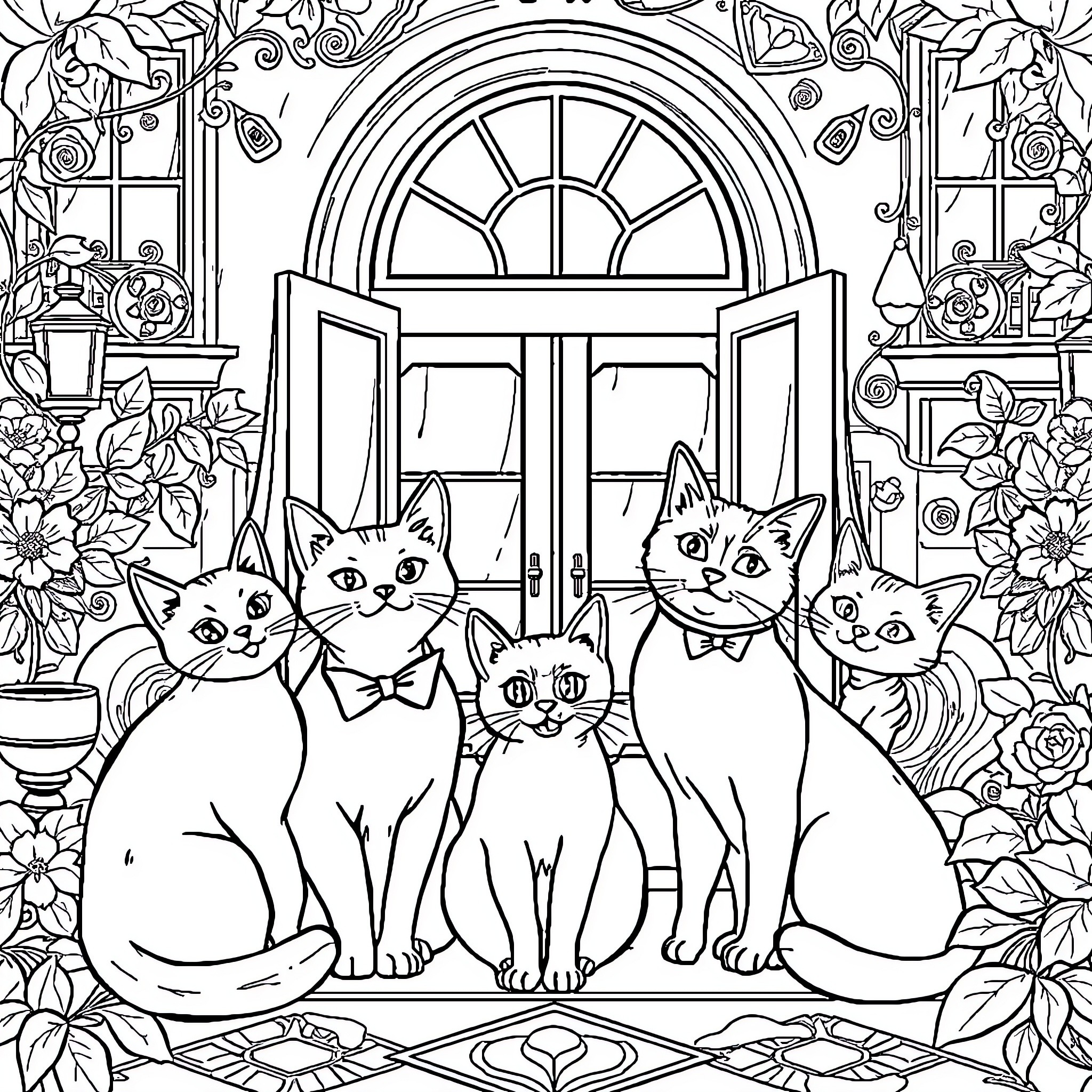 Aristochat: Dapper Felines in a Floral Abode Coloring Page (free black-and-white line drawing printable PDF for all, from beginners to advanced learners, including children, teens, adults, and seniors)