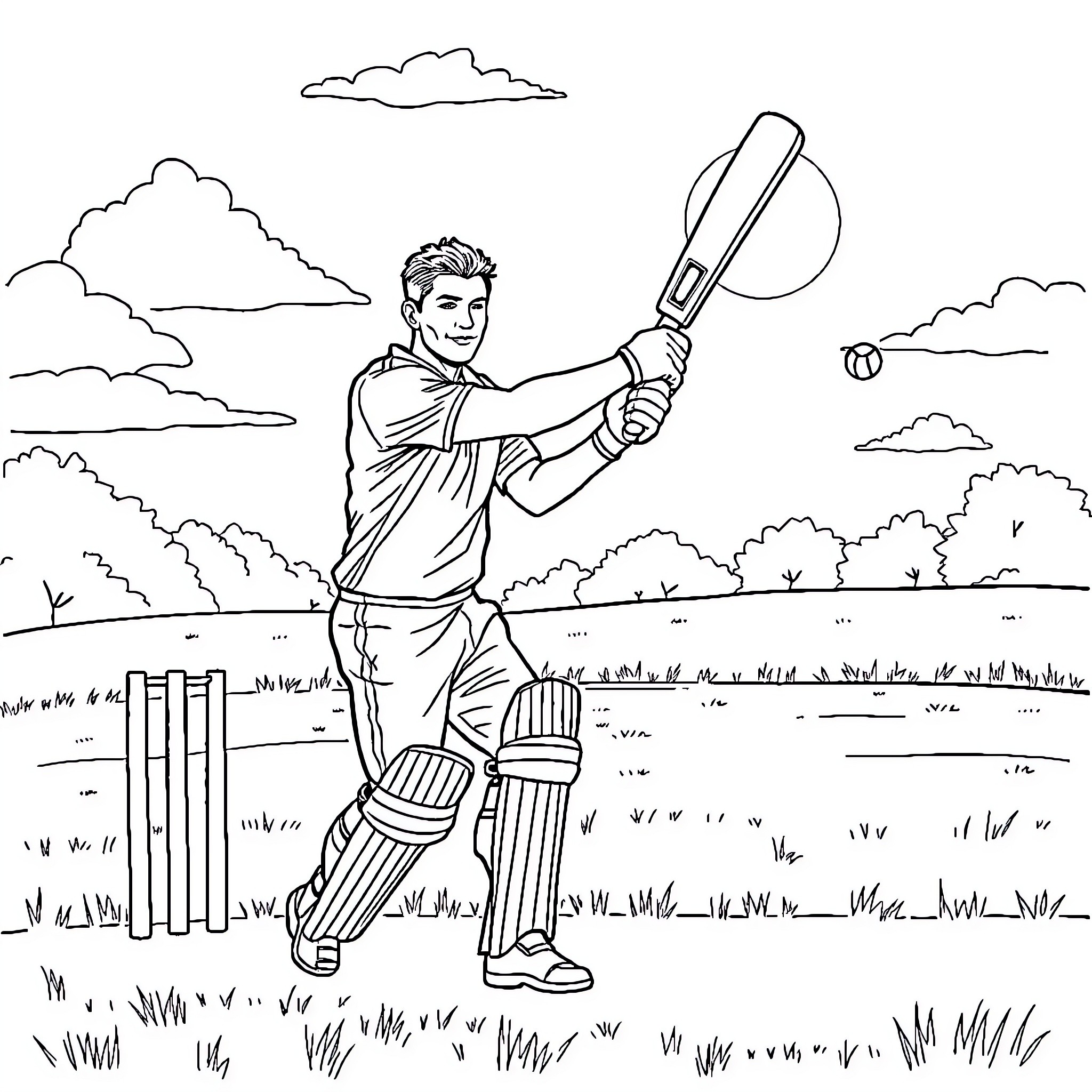 Ronaldo playing cricket on the field Coloring Page (free black-and-white line drawing printable PDF for all, from beginners to advanced learners, including children, teens, adults, and seniors)