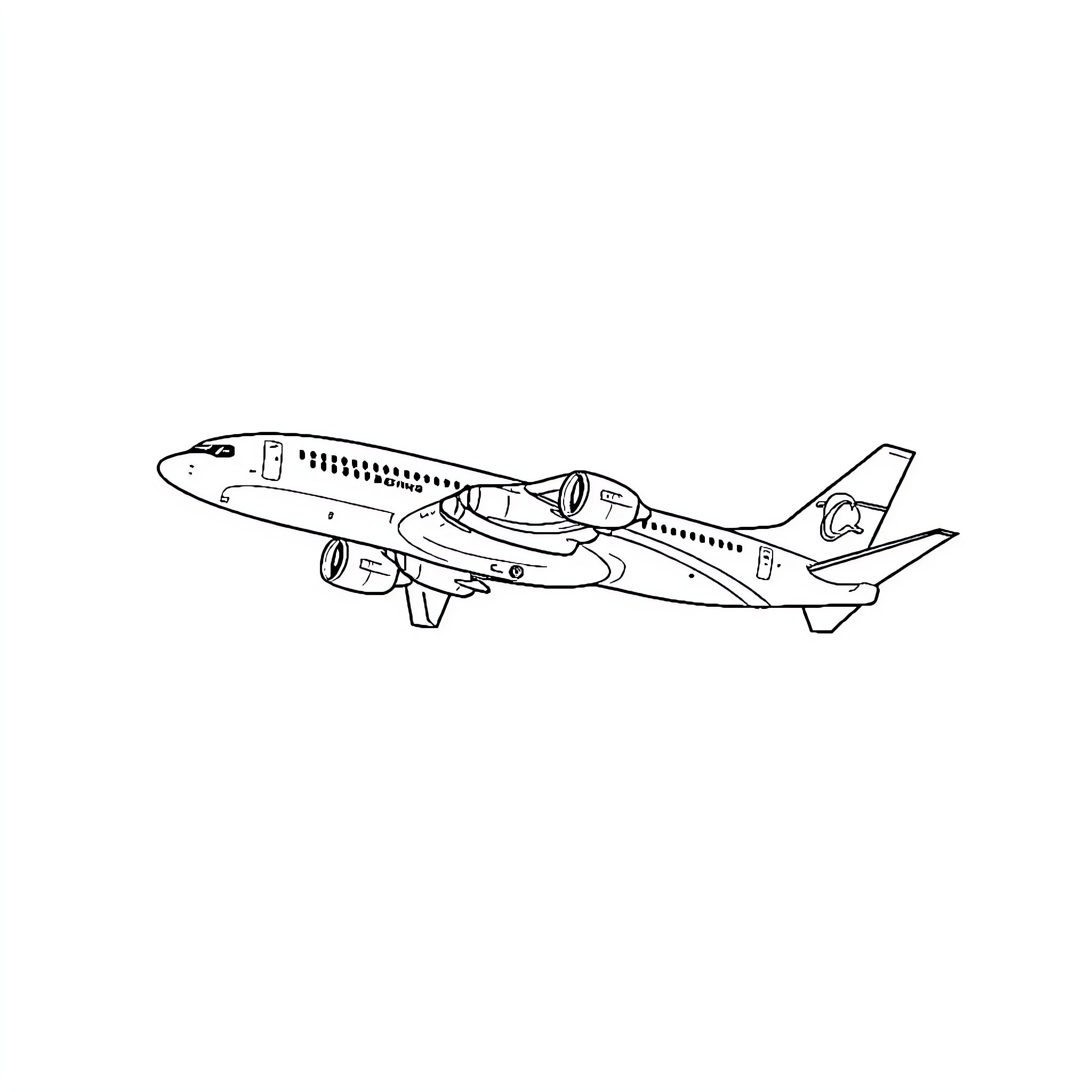 Boing737 jet aircraft in flight Coloring Page (free black-and-white line drawing printable PDF for all, from beginners to advanced learners, including children, teens, adults, and seniors)