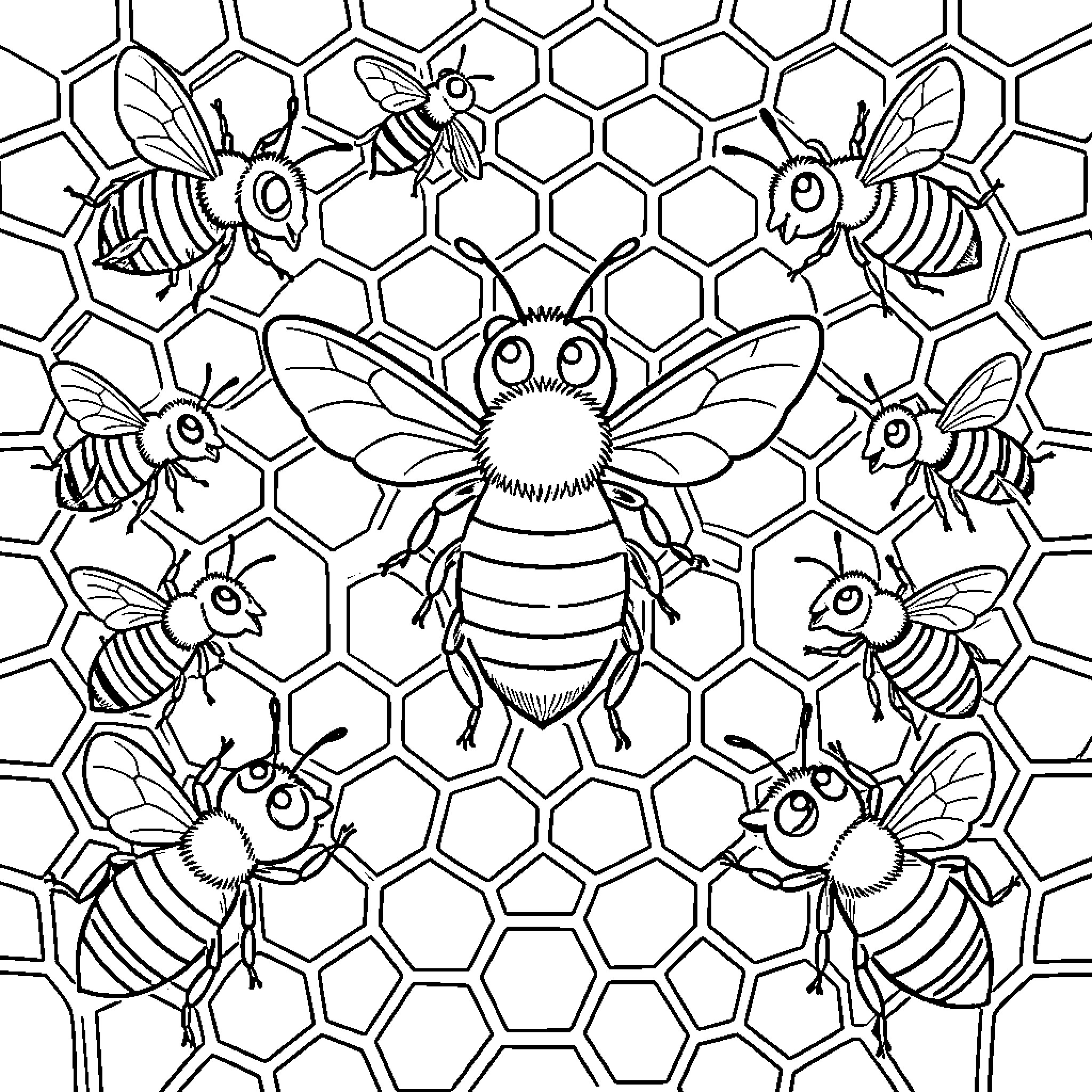 Bee flying among many friends in a honeycomb Coloring Page (free black-and-white line drawing printable PDF for all, from beginners to advanced learners, including children, teens, adults, and seniors)