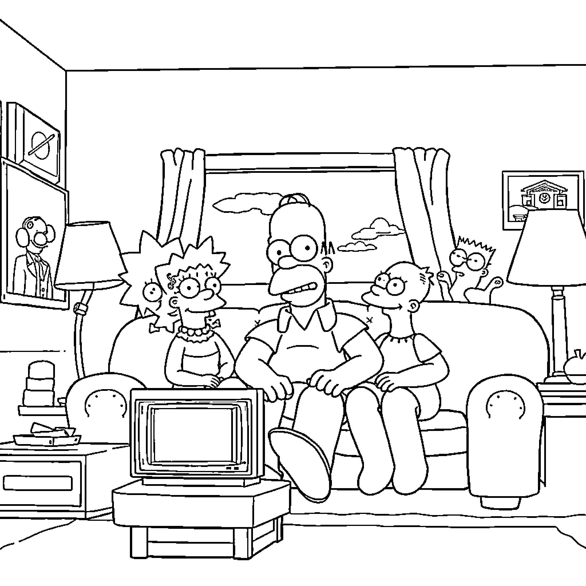 Simpson family relaxing together at home Coloring Page (free black-and-white line drawing printable PDF for all, from beginners to advanced learners, including children, teens, adults, and seniors)