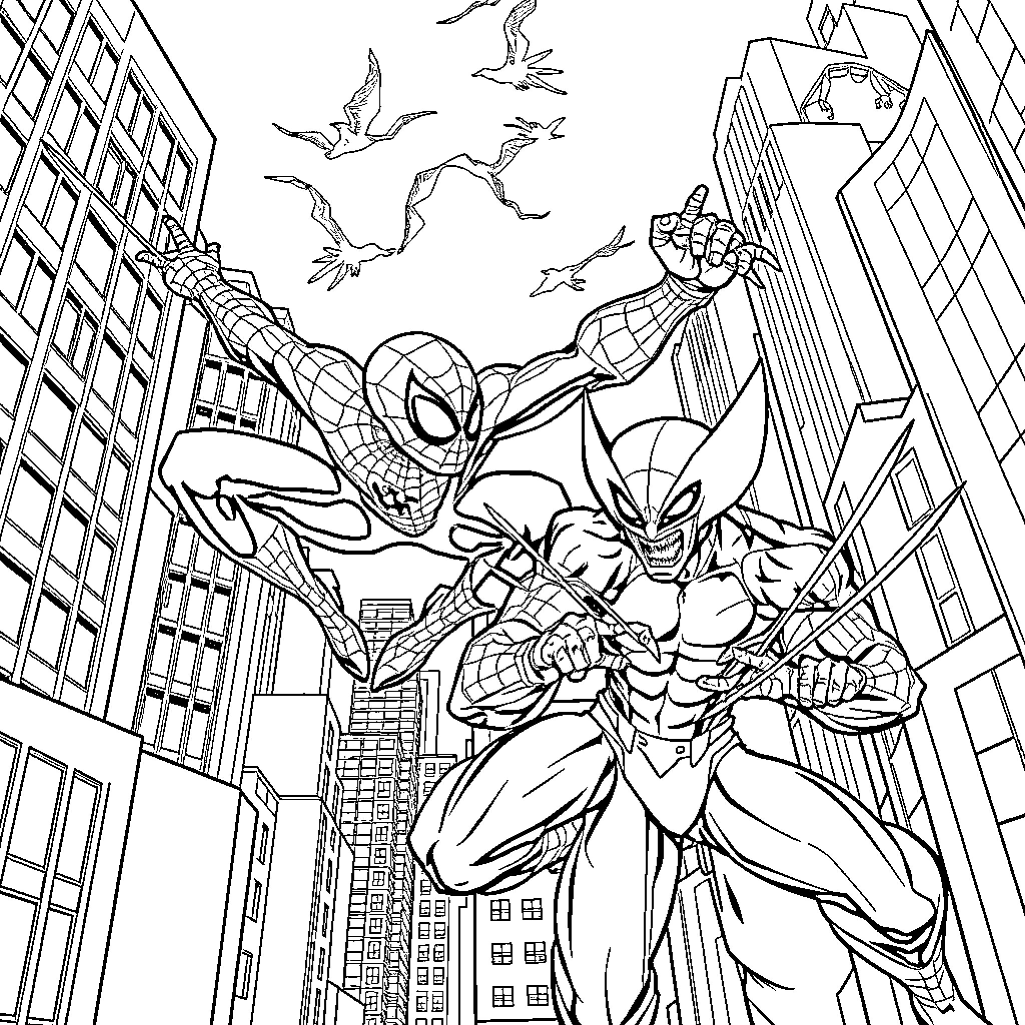 Spider-Man Swinging Into Action Against Villains Coloring Page (free black-and-white line drawing printable PDF for all, from beginners to advanced learners, including children, teens, adults, and seniors)