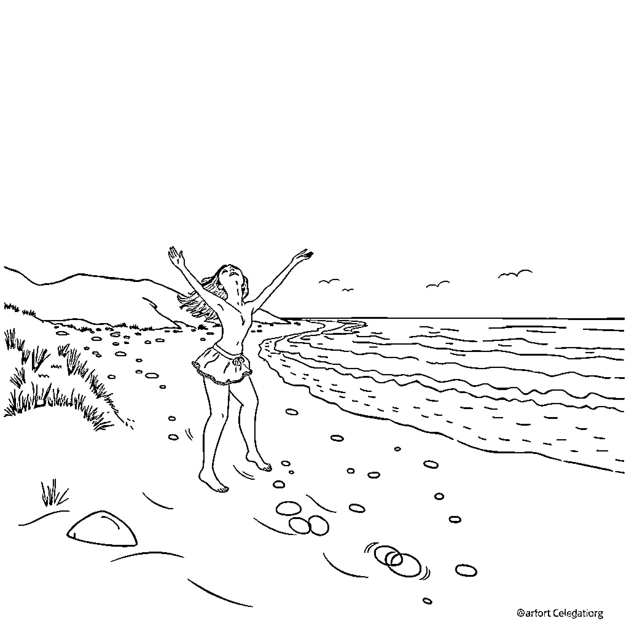 Wednesday by the sea Coloring Page (free black-and-white line drawing printable PDF for all, from beginners to advanced learners, including children, teens, adults, and seniors)