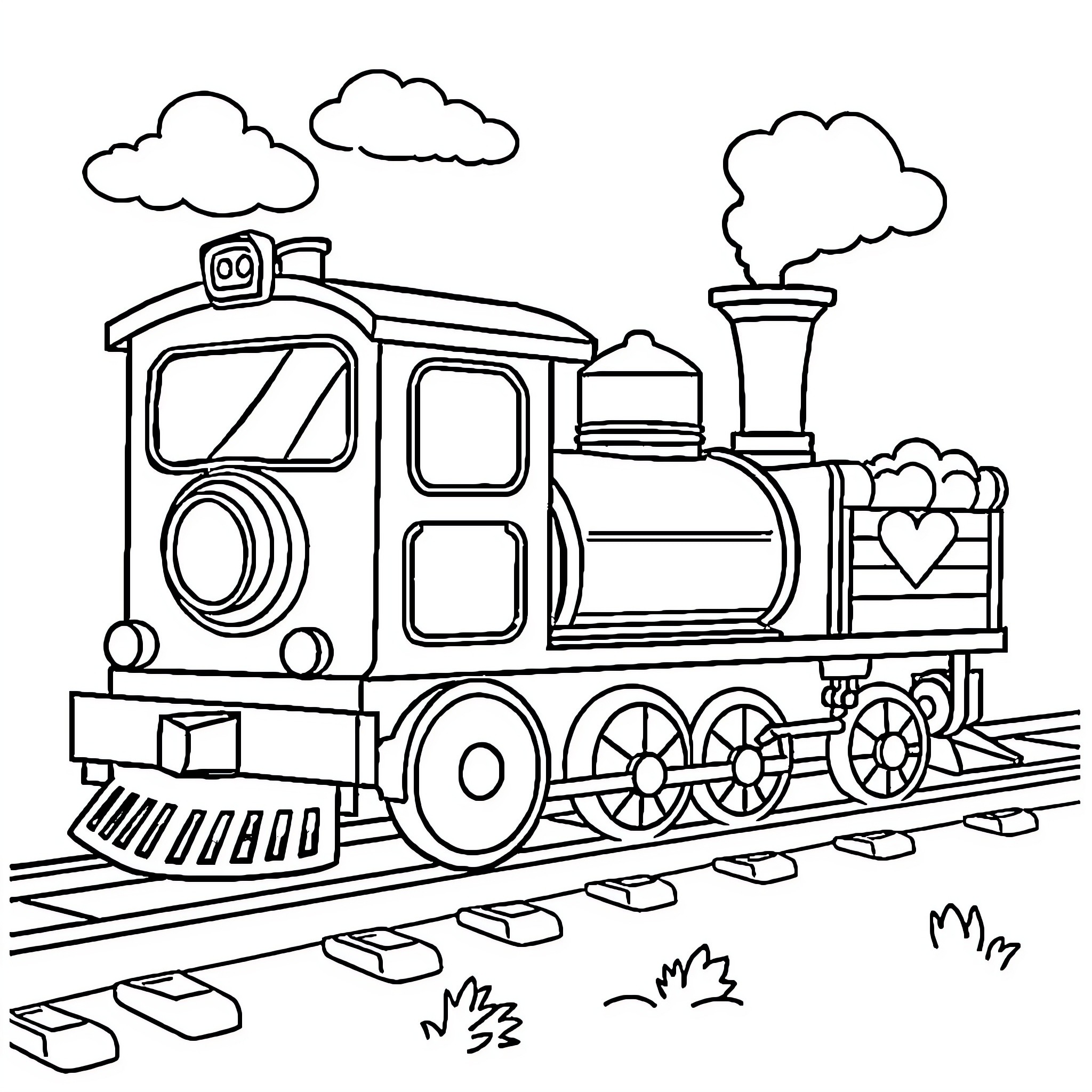 Train carrying freight through the countryside Coloring Page (free black-and-white line drawing printable PDF for all, from beginners to advanced learners, including children, teens, adults, and seniors)