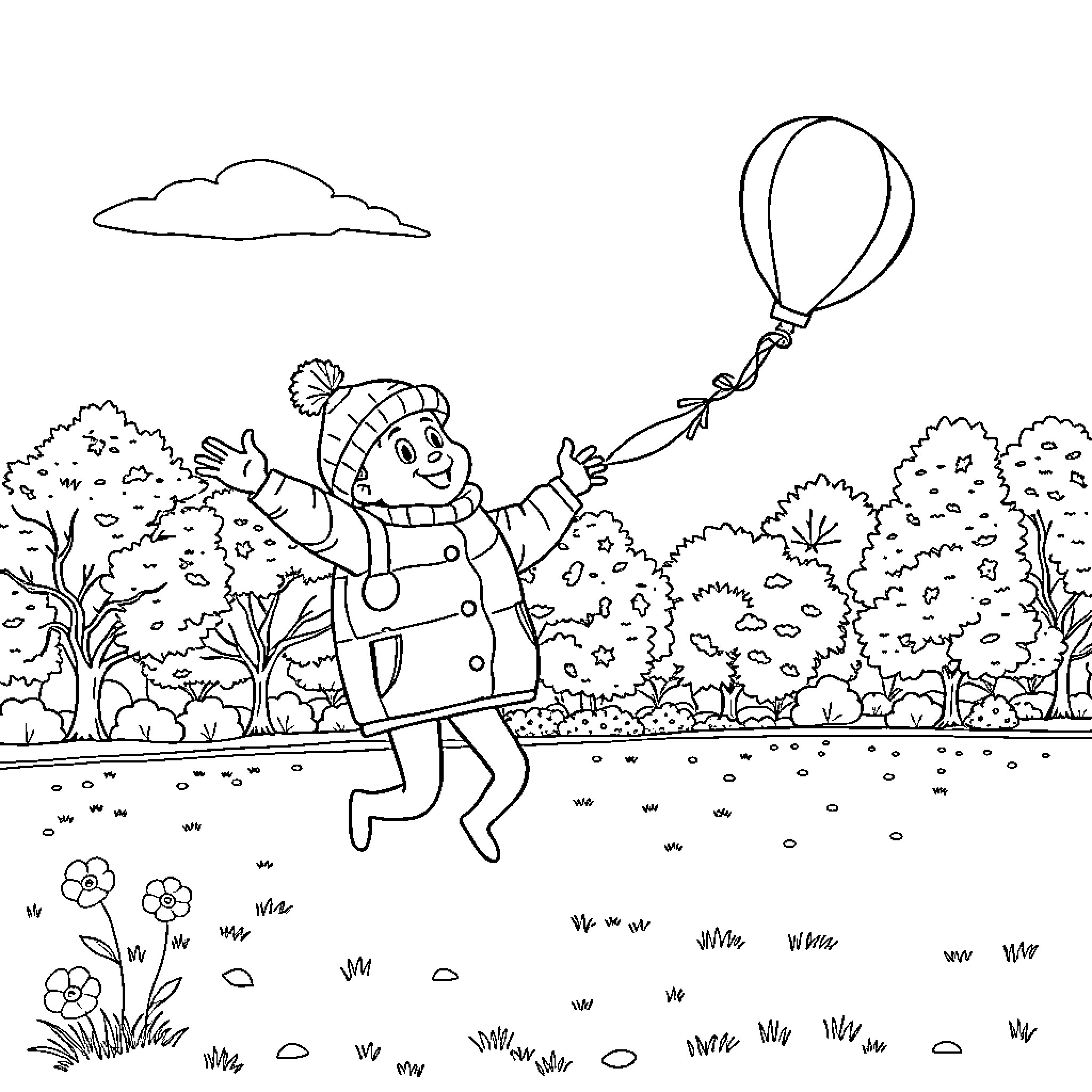 Chaudronnier playing happily with balloon in the park Coloring Page (free black-and-white line drawing printable PDF for all, from beginners to advanced learners, including children, teens, adults, and seniors)