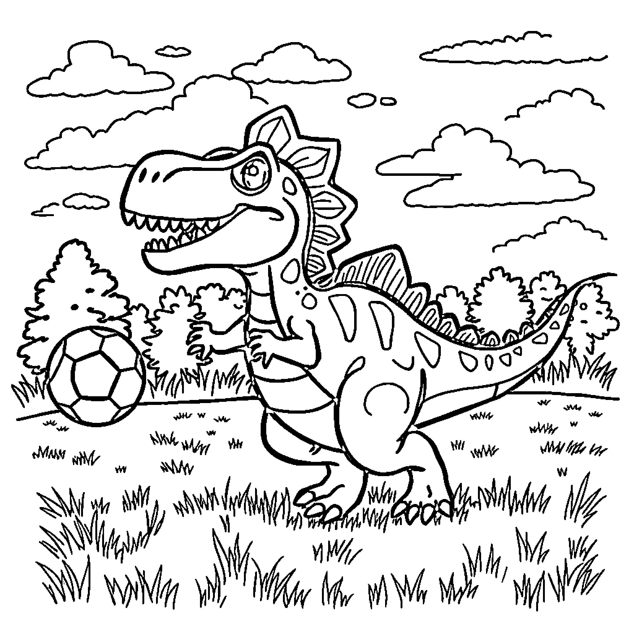 Dinosaur playing with soccer ball in grassy field Coloring Page (free black-and-white line drawing printable PDF for all, from beginners to advanced learners, including children, teens, adults, and seniors)