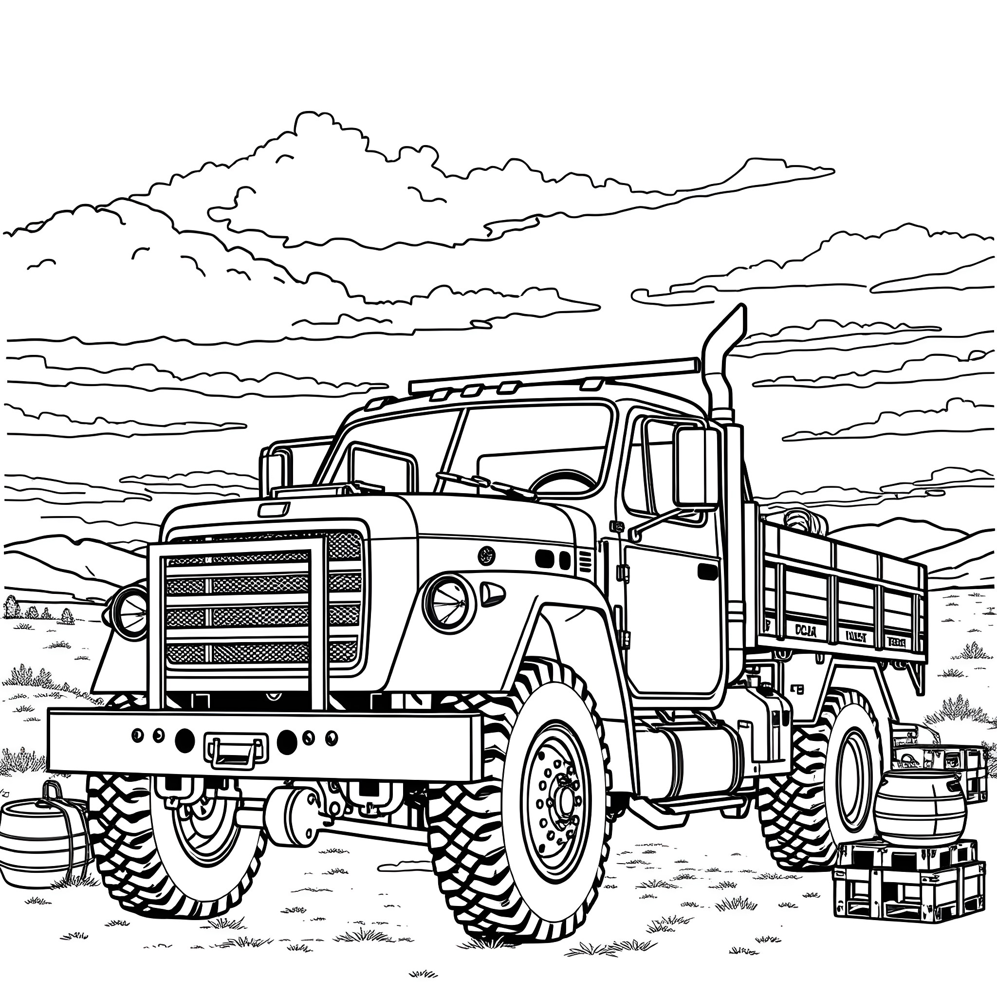 Flatbed truck hauling cargo in the countryside Coloring Page (free black-and-white line drawing printable PDF for all, from beginners to advanced learners, including children, teens, adults, and seniors)