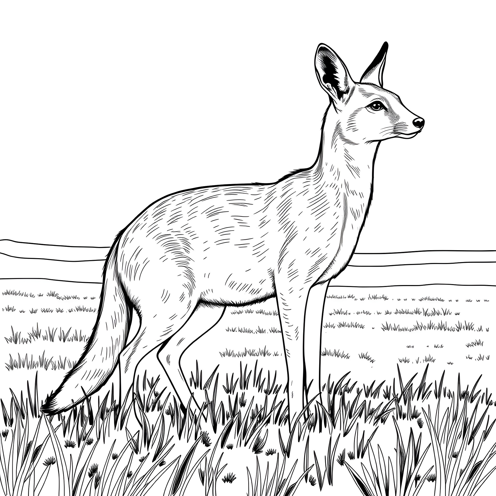 Weasel Standing Alertly in Grassy Field Coloring Page (free black-and-white line drawing printable PDF for all, from beginners to advanced learners, including children, teens, adults, and seniors)