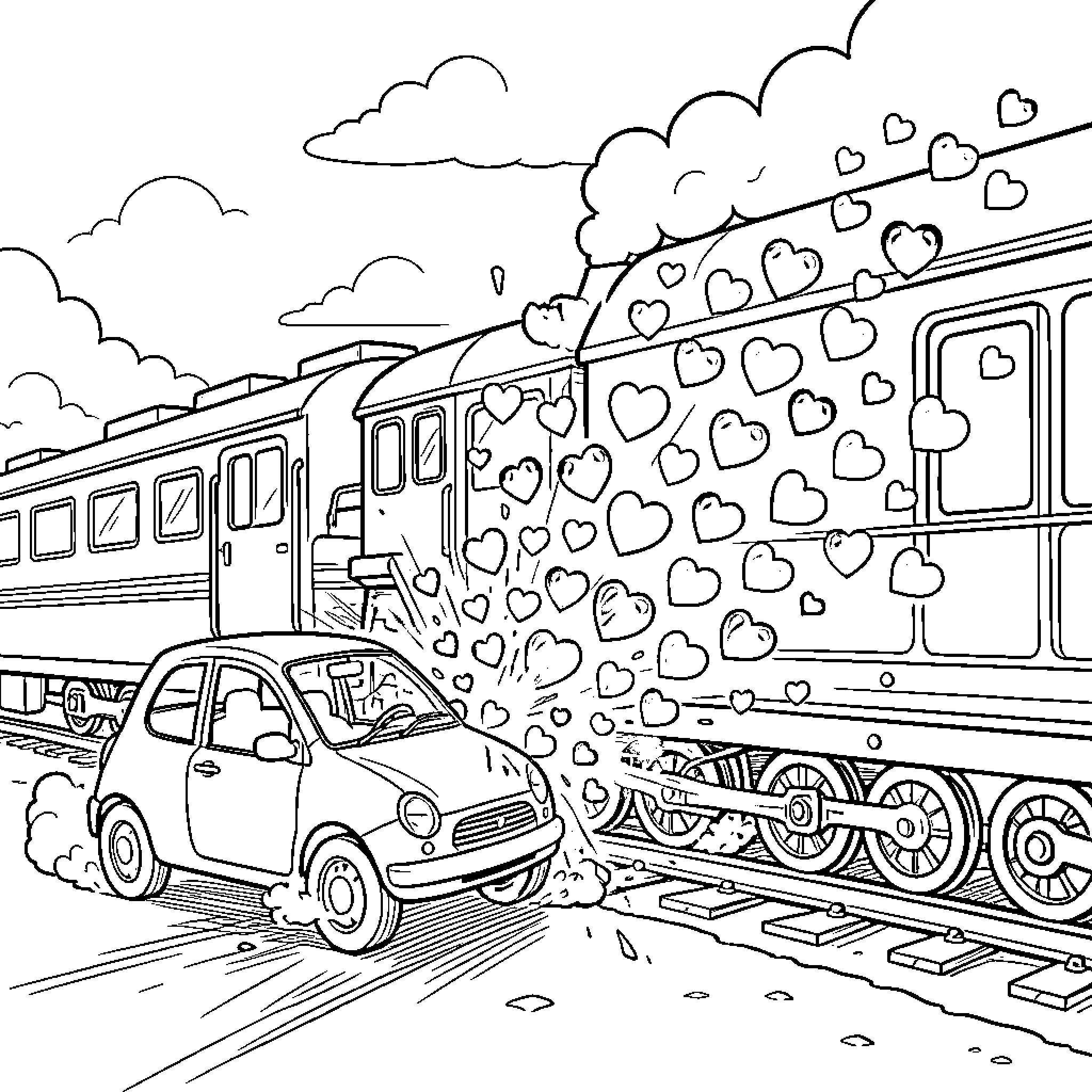 Coche with hearts flying by train on track Coloring Page (free black-and-white line drawing printable PDF for all, from beginners to advanced learners, including children, teens, adults, and seniors)