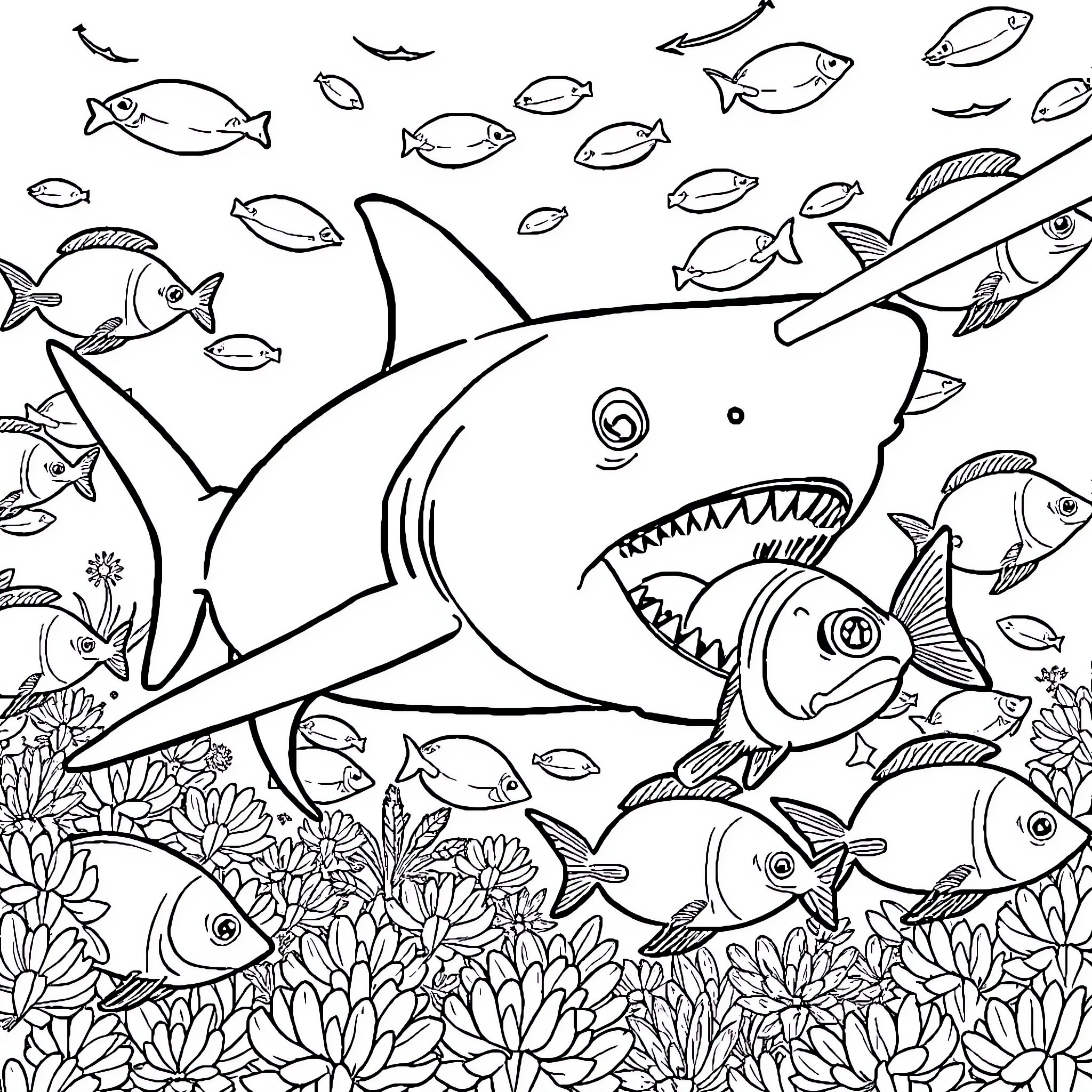 Shark hunting for fish in the underwater world Coloring Page (free black-and-white line drawing printable PDF for all, from beginners to advanced learners, including children, teens, adults, and seniors)