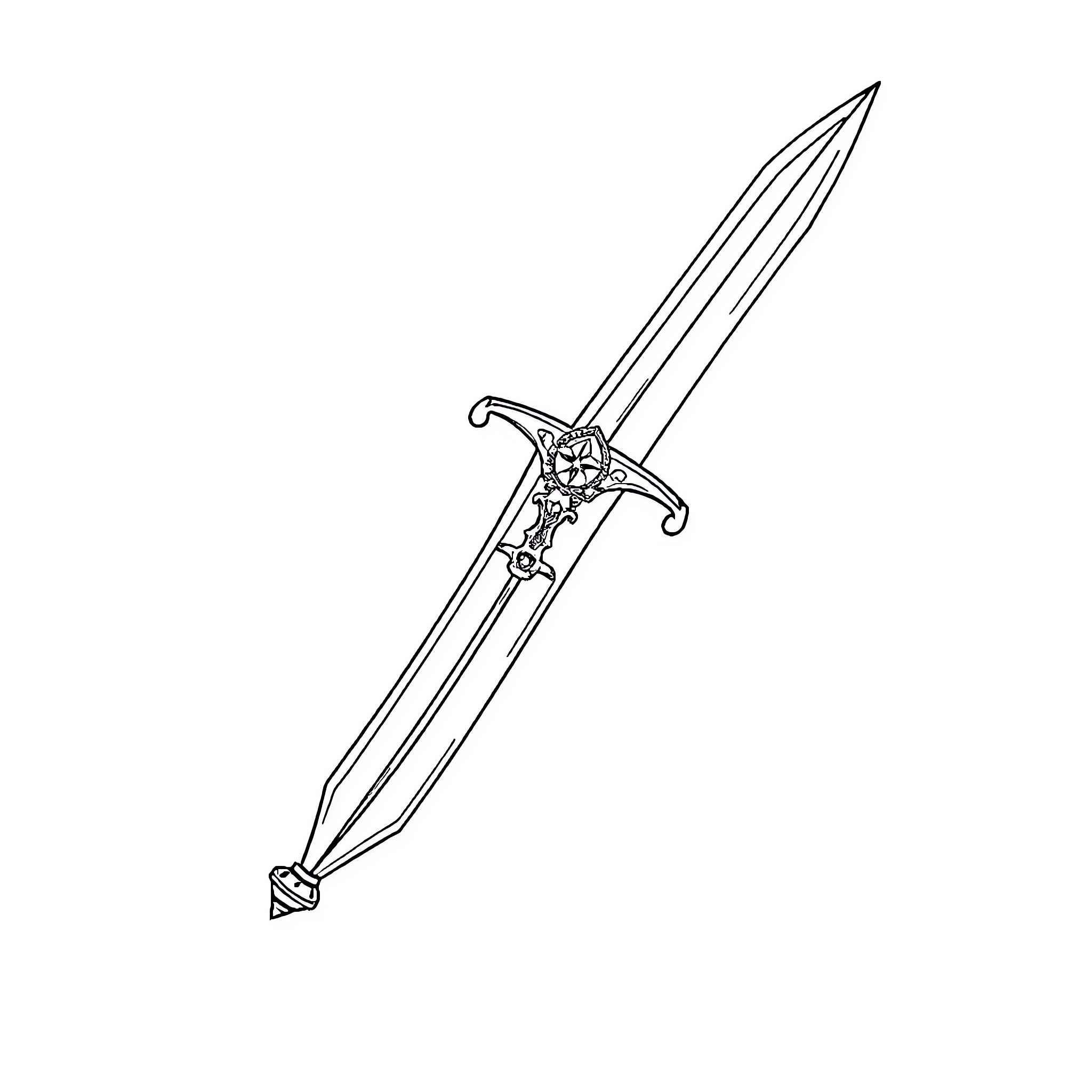 Sword with intricate hilt and blade Coloring Page (free black-and-white line drawing printable PDF for all, from beginners to advanced learners, including children, teens, adults, and seniors)