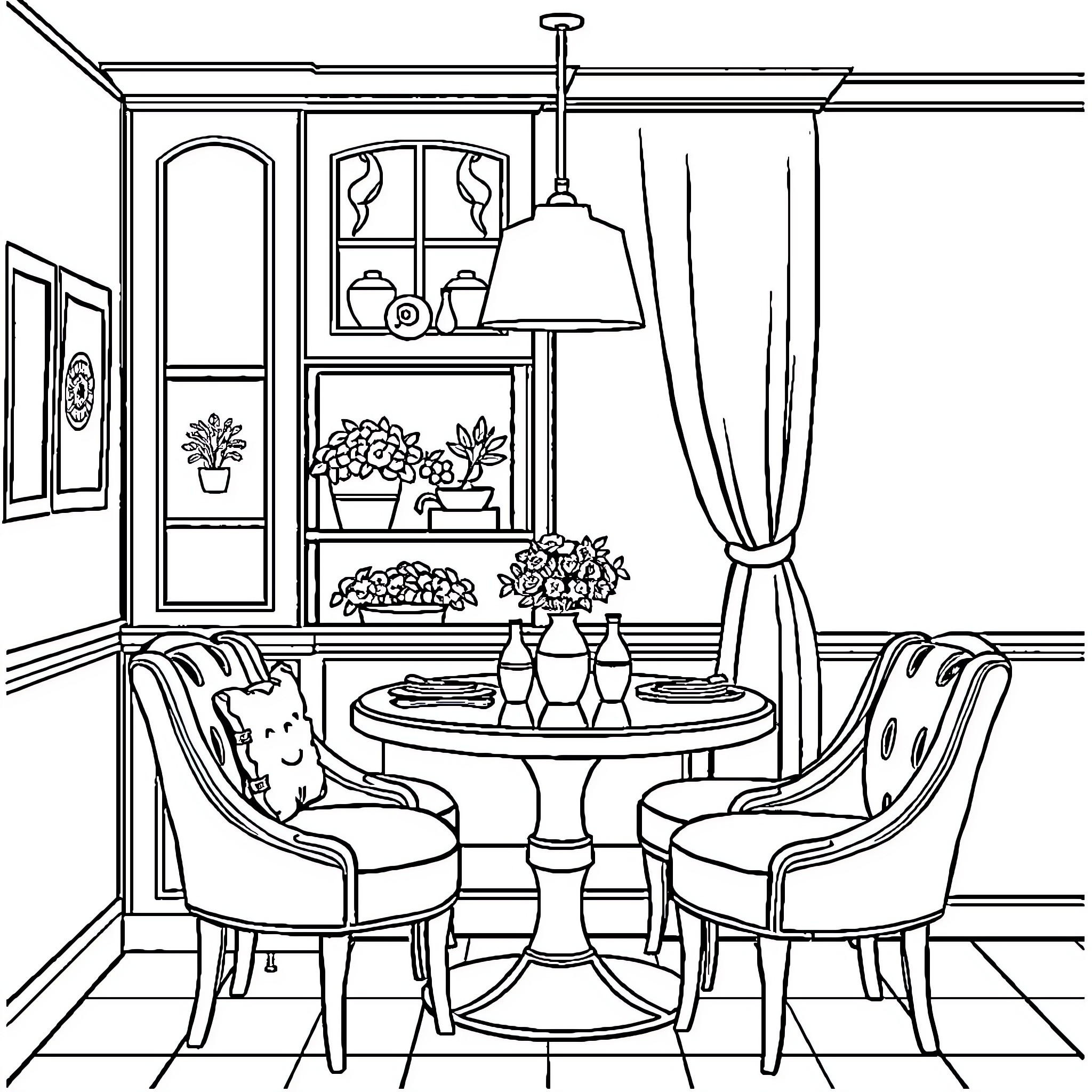 Dental Office Waiting Room with Comfortable Furnishings Coloring Page (free black-and-white line drawing printable PDF for all, from beginners to advanced learners, including children, teens, adults, and seniors)
