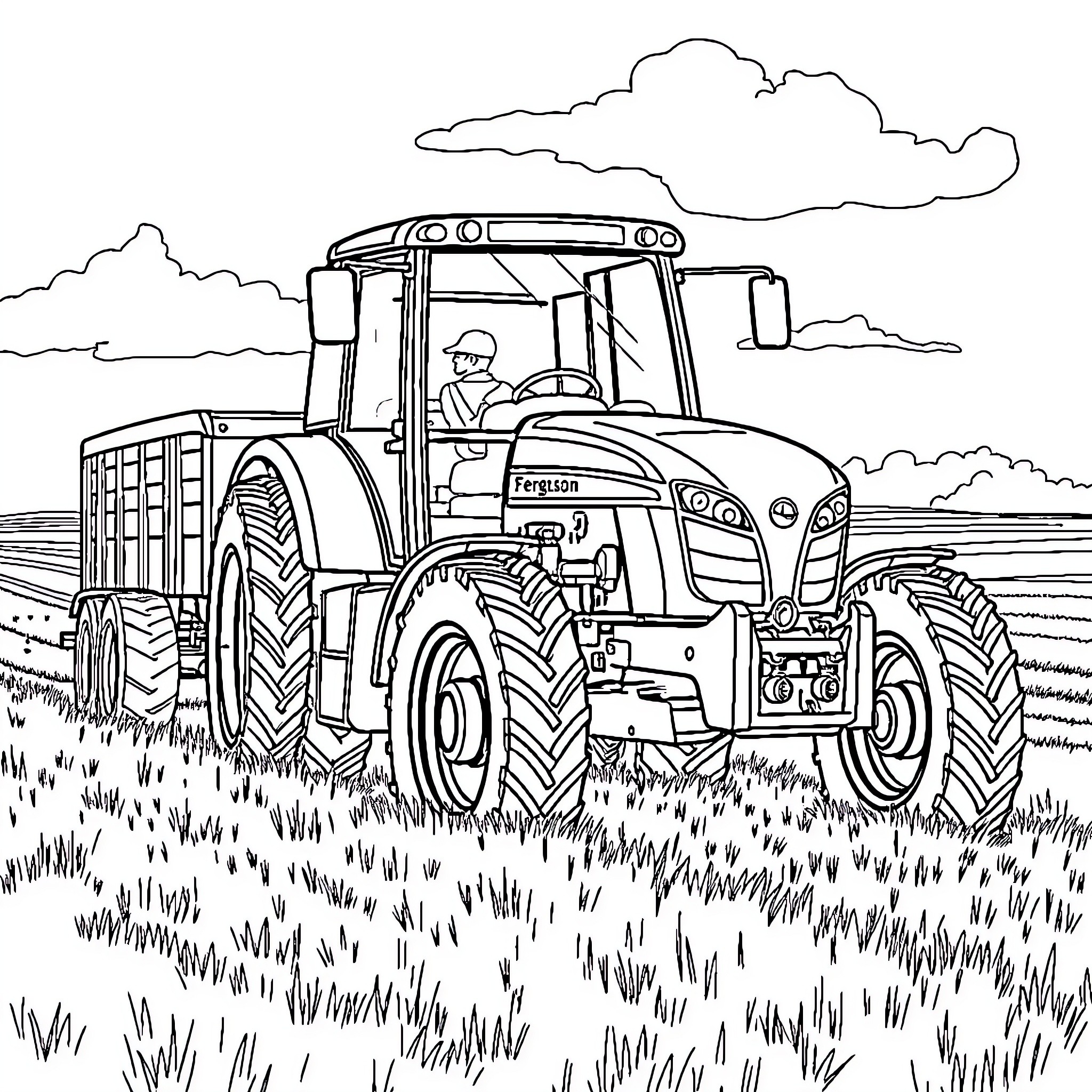 Tractor plowing through the fields Coloring Page (free black-and-white line drawing printable PDF for all, from beginners to advanced learners, including children, teens, adults, and seniors)
