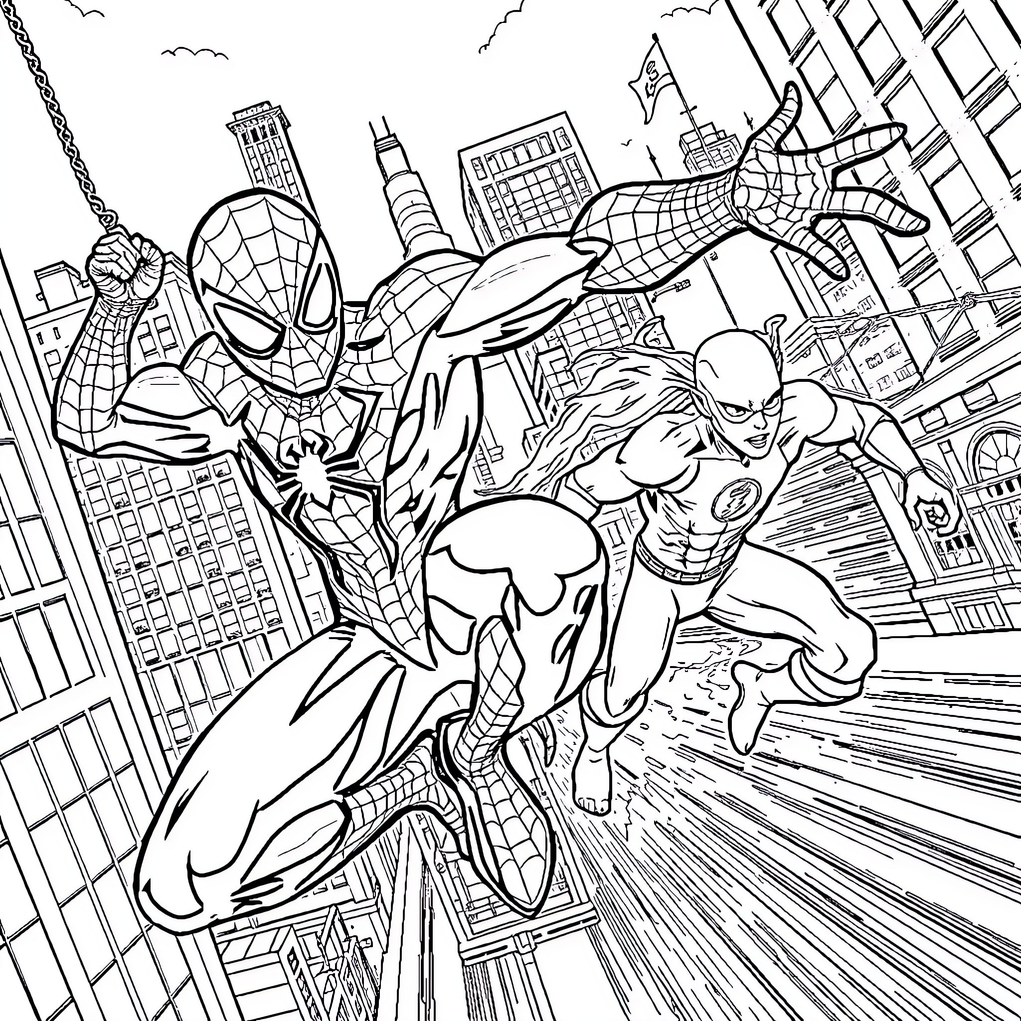 Spiderman and Ironman in action over city skyline Coloring Page (free black-and-white line drawing printable PDF for all, from beginners to advanced learners, including children, teens, adults, and seniors)