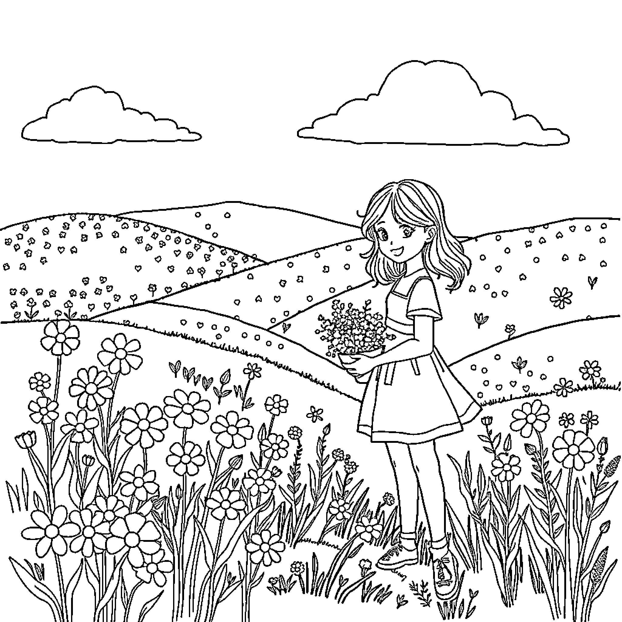 Girl admiring a floral field Coloring Page (free black-and-white line drawing printable PDF for all, from beginners to advanced learners, including children, teens, adults, and seniors)